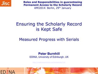 Roles and Responsibilities in guaranteeing 
Permanent Access to the Scholarly Record 
APE2014: Berlin, 29th January 
Ensur...