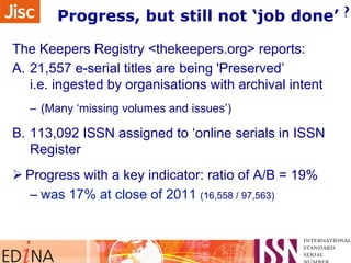 What the Registry tells about progress? 
Progress, but still not ‘job done’ 
The Keepers Registry <thekeepers.org> reports...
