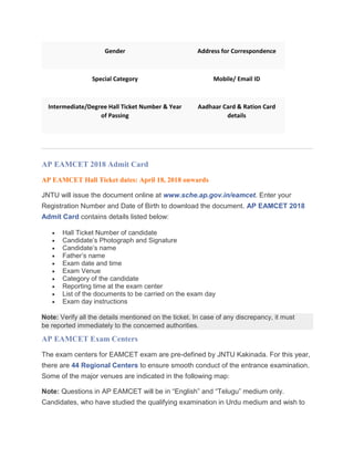 Gender Address for Correspondence
Special Category Mobile/ Email ID
Intermediate/Degree Hall Ticket Number & Year
of Passing
Aadhaar Card & Ration Card
details
AP EAMCET 2018 Admit Card
AP EAMCET Hall Ticket dates: April 18, 2018 onwards
JNTU will issue the document online at www.sche.ap.gov.in/eamcet. Enter your
Registration Number and Date of Birth to download the document. AP EAMCET 2018
Admit Card contains details listed below:
 Hall Ticket Number of candidate
 Candidate’s Photograph and Signature
 Candidate’s name
 Father’s name
 Exam date and time
 Exam Venue
 Category of the candidate
 Reporting time at the exam center
 List of the documents to be carried on the exam day
 Exam day instructions
Note: Verify all the details mentioned on the ticket. In case of any discrepancy, it must
be reported immediately to the concerned authorities.
AP EAMCET Exam Centers
The exam centers for EAMCET exam are pre-defined by JNTU Kakinada. For this year,
there are 44 Regional Centers to ensure smooth conduct of the entrance examination.
Some of the major venues are indicated in the following map:
Note: Questions in AP EAMCET will be in “English” and “Telugu” medium only.
Candidates, who have studied the qualifying examination in Urdu medium and wish to
 