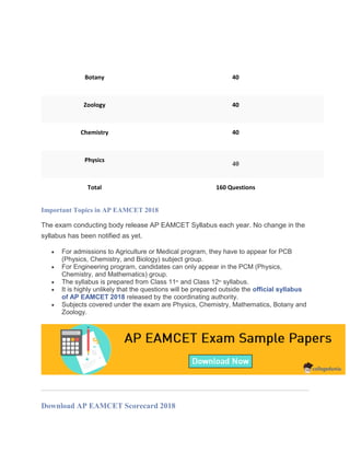 Subject Maximum Questions
Botany 40
Zoology 40
Chemistry 40
Physics
40
Total 160 Questions
Important Topics in AP EAMCET 2018
The exam conducting body release AP EAMCET Syllabus each year. No change in the
syllabus has been notified as yet.
 For admissions to Agriculture or Medical program, they have to appear for PCB
(Physics, Chemistry, and Biology) subject group.
 For Engineering program, candidates can only appear in the PCM (Physics,
Chemistry, and Mathematics) group.
 The syllabus is prepared from Class 11th
and Class 12th
syllabus.
 It is highly unlikely that the questions will be prepared outside the official syllabus
of AP EAMCET 2018 released by the coordinating authority.
 Subjects covered under the exam are Physics, Chemistry, Mathematics, Botany and
Zoology.
Download AP EAMCET Scorecard 2018
 