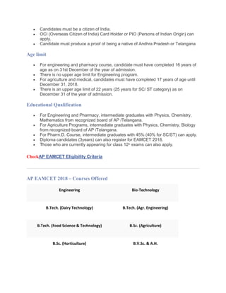  Candidates must be a citizen of India.
 OCI (Overseas Citizen of India) Card Holder or PIO (Persons of Indian Origin) can
apply.
 Candidate must produce a proof of being a native of Andhra Pradesh or Telangana
Age limit
 For engineering and pharmacy course, candidate must have completed 16 years of
age as on 31st December of the year of admission.
 There is no upper age limit for Engineering program.
 For agriculture and medical, candidates must have completed 17 years of age until
December 31, 2018.
 There is an upper age limit of 22 years (25 years for SC/ ST category) as on
December 31 of the year of admission.
Educational Qualification
 For Engineering and Pharmacy, intermediate graduates with Physics, Chemistry,
Mathematics from recognized board of AP /Telangana.
 For Agriculture Programs, intermediate graduates with Physics, Chemistry, Biology
from recognized board of AP /Telangana.
 For Pharm.D. Course, intermediate graduates with 45% (40% for SC/ST) can apply.
 Diploma candidates (3years) can also register for EAMCET 2018.
 Those who are currently appearing for class 12th
exams can also apply.
CheckAP EAMCET Eligibility Criteria
AP EAMCET 2018 – Courses Offered
Engineering Bio-Technology
B.Tech. (Dairy Technology) B.Tech. (Agr. Engineering)
B.Tech. (Food Science & Technology) B.Sc. (Agriculture)
B.Sc. (Horticulture) B.V.Sc. & A.H.
 