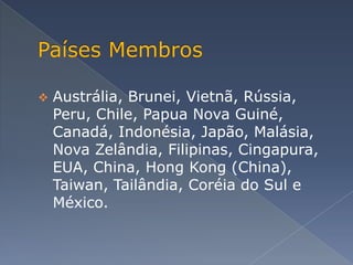    Austrália, Brunei, Vietnã, Rússia,
    Peru, Chile, Papua Nova Guiné,
    Canadá, Indonésia, Japão, Malásia,
    Nova Zelândia, Filipinas, Cingapura,
    EUA, China, Hong Kong (China),
    Taiwan, Tailândia, Coréia do Sul e
    México.
 