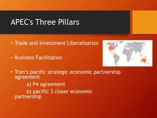 APEC's Three Pillars
• Trade and Investment Liberalisation
• Business Facilitation
• Tran’s pacific strategic economic partnership
agreement
a) P4 agreement
b) pacific 3 closer economic
partnership
 