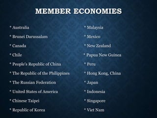 MEMBER ECONOMIES
* Australia * Malaysia
* Brunei Darussalam * Mexico
* Canada * New Zealand
* Chile * Papua New Guinea
* People's Republic of China * Peru
* The Republic of the Philippines * Hong Kong, China
* The Russian Federation * Japan
* United States of America * Indonesia
* Chinese Taipei * Singapore
* Republic of Korea * Viet Nam
 