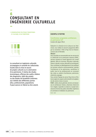 – 
6 
Consultant en 
ingénierie culturelle 
– 
exemple d’offre 
Coordinateur programme architecture 
et patrimoine H/F 
Grande ville région PACA 
Rattaché à la direction de la Culture et du Patri-moine, 
• Coordinateur politique touristique 
et culturel d’un territoire 
jeunes 
diplômés 
jeunes 
cadres 
cadres 
confirmés 
100 APEC – LES MÉTIERS EN ÉMERGENCE – HORS-SÉRIE, LES RéfeeilnrtéS des eimrsté caders 
vous mettez en oeuvre le programme défini 
par la convention « Ville et Pays d’art et Histoire » 
conclue avec le Ministère. 
Mission : 
Vous travaillez en transversalité avec les services de 
la collectivité et les partenaires externes (DRAC, 
services culturels du conseil régional et du conseil 
général, office du tourisme, Éducation nationale, 
acteurs culturels, sociaux, éducatifs et touristiques). 
Vous contribuez au développement d’une politique 
du tourisme culturel et environnemental, valorisez 
l’architecture et les patrimoines, sensibilisez le 
public local et les professionnels en concevant 
des visites ou ateliers d’architecture, patrimoine, 
urbanisme, paysage… 
Vous animez l’équipe du service Pays d’art et d’his-toire 
et gérez les aspects administratifs et budgétai-res 
des actions mises en oeuvre. 
Profil : solide culture générale, bonnes connaissan-ces 
en architecture, histoire, urbanisme, histoire de 
l’art. Anglais. Capacités à conduire un projet trans-versal 
et à former des publics diversifiés. Expérience 
en animation et médiation du patrimoine. 
Source : Apec 
Le consultant en ingénierie culturelle 
accompagne et conseille les collectivités 
locales dans la mise en oeuvre 
de projets culturels ou la valorisation 
d’un patrimoine. Il réalise des études 
économiques, effectue des audits, élabore 
des diagnostics, bâtit des projets 
ou des études de faisabilité conformes 
aux intérêts des différentes parties 
(élus, professionnels, population). 
Il peut exercer en libéral ou être salarié. 
 
