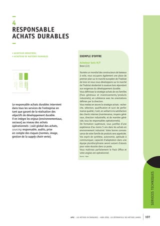 exemple d’offre 
Acheteur bois H/F 
Brest (22) 
Numéro un mondial des constructeurs de bateaux 
à voile, nous occupons également une place de 
premier plan sur le marché européen de l’habitat 
de loisir et nous nous développons sur le marché 
de l’habitat résidentiel à ossature bois répondant 
aux exigences du développement durable. 
Vous définissez la stratégie achats de vos familles 
(frais généraux et investissements/produits 
industriels), en cohérence avec les orientations 
définies par la direction. 
Vous mettez en oeuvre la stratégie achats : recher-che, 
sélection, qualification et suivi de perfor-mance 
qualité /coût, en veillant à la satisfaction 
des clients internes (maintenance, moyens géné-raux, 
direction industrielle, et de manière géné-rale, 
tous les responsables opérationnels). 
De formation supérieure, vous justifiez d’une 
expérience d’au moins 5 ans dans les achats en 
environnement industriel. Votre bonne connais-sance 
de votre famille de produits sera appréciée. 
Vos esprit de synthèse, autonomie, aptitude à 
communiquer, capacité d’adaptation dans une 
équipe pluridisciplinaire seront autant d’atouts 
pour votre réussite dans ce poste. 
Vous maîtrisez parfaitement le Pack Office et 
votre anglais est opérationnel. 
Source : Apec 
esponsable 
achats durables 
– 
APEC – LES MÉTIERS EN ÉMERGENCE – HORS-SÉRIE, LES RéférentielS des métiers cadres 107 
–4R 
• Acheteur industriel 
• acheteur de matières durables 
Le responsable achats durables intervient 
dans tous les services de l’entreprise en 
tant que garant de la réalisation des 
objectifs de développement durable. 
Il en intègre les enjeux (environnementaux, 
sociaux) au niveau des achats 
opérationnels : coût global des achats, 
sourcing responsable, audits, prise 
en compte des risques (normes, image, 
gestion de la supply chain verte). 
ser vices techni ques 
jeunes 
diplômés 
jeunes 
cadres 
cadres 
confirmés 
 