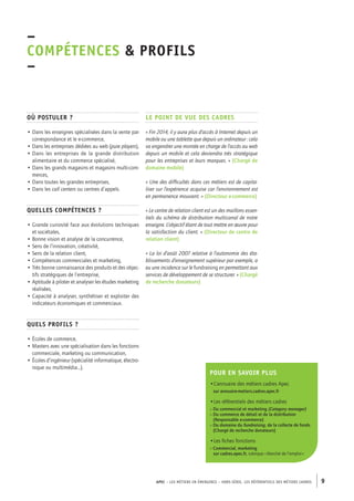 –C 
OMPÉTENCES & PROFILS 
– 
Pour en savoir plus 
•L’annuaire des métiers cadres Apec 
sur annuaire-metiers.cadres.apec.fr 
•Les référentiels des métiers cadres 
– Du commercial et marketing (Category manager) 
– Du commerce de détail et de la distribution 
(Responsable e-commerce) 
– Du domaine du fundraising, de la collecte de fonds 
(Chargé de recherche donateurs) 
•Les fiches fonctions 
– Commercial, marketing 
sur cadres.apec.fr, rubrique « Marché de l’emploi » 
Où postuler ? 
• Dans les enseignes spécialisées dans la vente par 
correspondance et le e-commerce, 
• Dans les entreprises dédiées au web (pure players), 
• Dans les entreprises de la grande distribution 
alimentaire et du commerce spécialisé, 
• Dans les grands magasins et magasins multi-com-merces, 
• Dans toutes les grandes entreprises, 
• Dans les call centers ou centres d’appels. 
Quelles compétences ? 
• Grande curiosité face aux évolutions techniques 
et sociétales, 
• Bonne vision et analyse de la concurrence, 
• Sens de l’innovation, créativité, 
• Sens de la relation client, 
• Compétences commerciales et marketing, 
• Très bonne connaissance des produits et des objec-tifs 
stratégiques de l’entreprise, 
• Aptitude à piloter et analyser les études marketing 
réalisées, 
• Capacité à analyser, synthétiser et exploiter des 
indicateurs économiques et commerciaux. 
Quels profils ? 
• Écoles de commerce, 
• Masters avec une spécialisation dans les fonctions 
commerciale, marketing ou communication, 
• Écoles d’ingénieur (spécialité informatique, électro-nique 
ou multimédia...). 
Le point de vue des cadres 
« Fin 2014, il y aura plus d’accès à Internet depuis un 
mobile ou une tablette que depuis un ordinateur : cela 
va engendrer une montée en charge de l’accès au web 
depuis un mobile et cela deviendra très stratégique 
pour les entreprises et leurs marques. » (Chargé de 
domaine mobile) 
« Une des difficultés dans ces métiers est de capita-liser 
sur l’expérience acquise car l’environnement est 
en permanence mouvant. » (Directeur e-commerce) 
« Le centre de relation client est un des maillons essen-tiels 
du schéma de distribution multicanal de notre 
enseigne. L’objectif étant de tout mettre en oeuvre pour 
la satisfaction du client. » (Directeur de centre de 
relation client) 
« La loi d’août 2007 relative à l’autonomie des éta-blissements 
d’enseignement supérieur par exemple, a 
eu une incidence sur le fundraising en permettant aux 
services de développement de se structurer. » (Chargé 
de recherche donateurs) 
APEC – LES MÉTIERS EN ÉMERGENCE – HORS-SÉRIE, LES RéférentielS des métiers cadres 9 
 