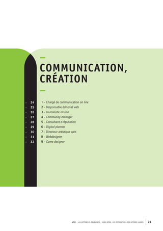 APEC – LES MÉTIERS EN ÉMERGENCE – HORS-SÉRIE, LES RéférentielS des métiers cadres 21 
–c 
ommunication, 
création 
– 
1 – Chargé de communication on line 
2 – Responsable éditorial web 
3 – Journaliste on line 
4 – Community manager 
5 – Consultant e-réputation 
6 – Digital planner 
7 – Directeur artistique web 
8 – Webdesigner 
9 – Game designer 
p. 24 
p. 25 
p. 26 
p. 27 
p. 28 
p. 29 
p. 30 
p. 31 
p. 32 
 