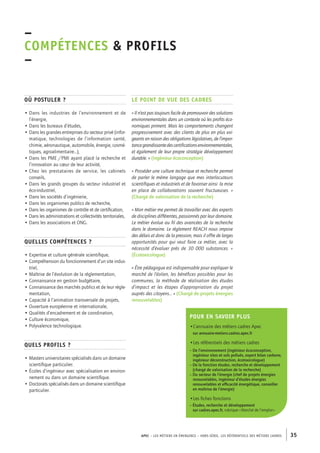 OMPÉTENCES & PROFILs 
– 
Le point de vue des cadres 
« Il n’est pas toujours facile de promouvoir des solutions 
environnementales dans un contexte où les profits éco-nomiques 
priment. Mais les comportements changent 
progressivement avec des clients de plus en plus exi-geants 
en raison des obligations législatives, de l’impor-tance 
grandissante des certifications environnementales, 
et également de leur propre stratégie développement 
durable. » (Ingénieur écoconception) 
« Posséder une culture technique et recherche permet 
de parler le même langage que mes interlocuteurs 
scientifiques et industriels et de favoriser ainsi la mise 
en place de collaborations souvent fructueuses. » 
(Chargé de valorisation de la recherche) 
« Mon métier me permet de travailler avec des experts 
de disciplines différentes, passionnés par leur domaine. 
Le métier évolue au fil des avancées de la recherche 
dans le domaine. Le règlement REACH nous impose 
des délais et donc de la pression, mais il offre de larges 
opportunités pour qui veut faire ce métier, avec la 
nécessité d’évaluer près de 30 000 substances. » 
(Écotoxicologue) 
« Être pédagogue est indispensable pour expliquer le 
marché de l’éolien, les bénéfices possibles pour les 
communes, la méthode de réalisation des études 
d’impact et les étapes d’appropriation du projet 
auprès des citoyens… » (Chargé de projets énergies 
renouvelables) 
APEC – LES MÉTIERS EN ÉMERGENCE – HORS-SÉRIE, LES RéférentielS des métiers cadres 35 
–C 
Où postuler ? 
• Dans les industries de l’environnement et de 
l’énergie, 
• Dans les bureaux d’études, 
• Dans les grandes entreprises du secteur privé (infor-matique, 
technologies de l’information santé, 
chimie, aéronautique, automobile, énergie, cosmé-tiques, 
agroalimentaire…), 
• Dans les PME /PMI ayant placé la recherche et 
l’innovation au coeur de leur activité, 
• Chez les prestataires de service, les cabinets 
conseils, 
• Dans les grands groupes du secteur industriel et 
éco-industriel, 
• Dans les sociétés d’ingénierie, 
• Dans les organismes publics de recherche, 
• Dans les organismes de contrôle et de certification, 
• Dans les administrations et collectivités territoriales, 
• Dans les associations et ONG. 
Quelles compétences ? 
• Expertise et culture générale scientifique, 
• Compréhension du fonctionnement d’un site indus-triel, 
• Maîtrise de l’évolution de la réglementation, 
• Connaissance en gestion budgétaire, 
• Connaissance des marchés publics et de leur régle-mentation, 
• Capacité à l’animation transversale de projets, 
• Ouverture européenne et internationale, 
• Qualités d’encadrement et de coordination, 
• Culture économique, 
• Polyvalence technologique. 
Quels profils ? 
• Masters universitaires spécialisés dans un domaine 
scientifique particulier. 
• Écoles d’ingénieur avec spécialisation en environ-nement 
ou dans un domaine scientifique. 
• Doctorats spécialisés dans un domaine scientifique 
particulier. 
Pour en savoir plus 
•L’annuaire des métiers cadres Apec 
sur annuaire-metiers.cadres.apec.fr 
•Les référentiels des métiers cadres 
– De l’environnement (ingénieur écoconception, 
ingénieur sites et sols pollués, expert bilan carbone, 
ingénieur déconstruction, écotoxicologue) 
– De la fonction études, recherche et développement 
(chargé de valorisation de la recherche) 
– Du secteur de l’énergie (chef de projets énergies 
renouvelables, ingénieur d’études énergies 
renouvelables et efficacité énergétique, conseiller 
en maîtrise de l’énergie) 
•Les fiches fonctions 
– Études, recherche et développement 
sur cadres.apec.fr, rubrique « Marché de l’emploi » 
 