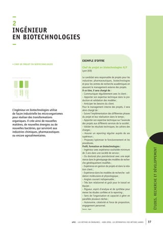 ngénieur 
en biotechnologies 
– 
APEC – LES MÉTIERS EN ÉMERGENCE – HORS-SÉRIE, LES RéférentielS des métiers cadres 37 
études, recherche et développement 
–2I 
• chef de projet en biotechnologies 
exemple d’offre 
Chef de projet en biotechnologies H/F 
Lyon (69) 
Le candidat sera responsable de projets pour les 
industries pharmaceutiques, biotechnologies 
et pour les centres de recherche académiques en 
assurant le management externe des projets. 
À ce titre, il sera chargé de : 
– Communiquer régulièrement avec le client ; 
– Apporter son expertise technique dans la pro-duction 
et validation des modèles ; 
– Anticiper les besoins du client. 
Pour le management interne des projets, il sera 
alors chargé de : 
– Suivre l’implémentation des différentes phases 
du projet et leur réalisation dans le temps ; 
– Apporter son expertise technique sur l’avancée 
des projets aux différents services de la société ; 
– Valider les résultats techniques, les cahiers des 
charges ; 
– Assurer un reporting régulier auprès de ses 
supérieurs ; 
– Proposer/optimiser le fonctionnement et les 
procédures. 
Profil, formation en biotechnologies : 
– Ingénieur avec expérience souhaitée minimum 
de 3 ans dans une société de service ; 
– Ou doctorat plus post-doctorat avec une expé-rience 
dans le génotypage des modèles de recher-che 
génétiquement modifiés ; 
– Expérience en gestion de projets et dans la rela-tion 
client ; 
– Expérience dans les modèles de recherche : vali-dation 
moléculaire et physiologique ; 
– Anglais courant indispensable ; 
– Très bon relationnel et goût pour le travail en 
équipe ; 
– Rigueur, esprit d’analyse et de synthèse pour 
mener les études confiées et le reporting ; 
– Sens de l’organisation et capacité à gérer en 
parallèle plusieurs tâches ; 
– Autonomie, créativité et force de proposition, 
engagement personnel. 
Source : Apec 
jeunes 
diplômés 
jeunes 
cadres 
cadres 
confirmés 
L’ingénieur en biotechnologies utilise 
de façon industrielle les micro-organismes 
pour réaliser des transformations 
organiques. Il crée ainsi de nouvelles 
matières, de nouvelles énergies ou de 
nouvelles bactéries, qui serviront aux 
industries chimiques, pharmaceutiques 
ou encore agroalimentaires. 
 