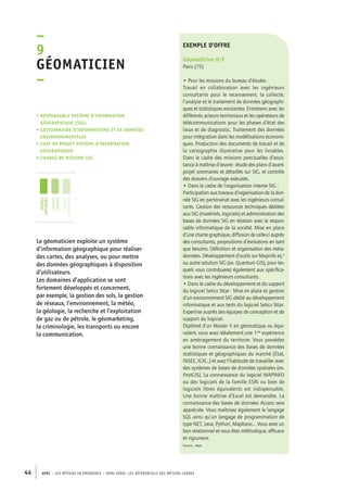 exemple d’offre 
Géomaticien H/F 
Paris (75) 
• Pour les missions du bureau d’études : 
Travail en collaboration avec les ingénieurs 
consultants pour le recensement, la collecte, 
l’analyse et le traitement de données géographi-ques 
et statistiques existantes. Entretiens avec les 
différents acteurs territoriaux et les opérateurs de 
télécommunications pour les phases d’état des 
lieux et de diagnostic. Traitement des données 
pour intégration dans les modélisations économi-ques. 
Production des documents de travail et de 
la cartographie illustrative pour les livrables. 
Dans le cadre des missions ponctuelles d’assis-tance 
à maîtrise d’oeuvre : étude des plans d’avant-projet 
sommaires et détaillés sur SIG, et contrôle 
des dossiers d’ouvrage exécutés. 
• Dans le cadre de l’organisation interne SIG : 
Participation aux travaux d’organisation de la don-née 
SIG en partenariat avec les ingénieurs consul-tants. 
Gestion des ressources techniques dédiées 
aux SIG (matériels, logiciels) et administration des 
bases de données SIG en relation avec le respon-sable 
informatique de la société. Mise en place 
d’une charte graphique, diffusion de celle-ci auprès 
des consultants, propositions d’évolutions en tant 
que besoins. Définition et organisation des méta-données. 
Développement d’outils sur Mapinfo et/ 
ou autre solution SIG (ex. Quantum GIS), pour les-quels 
vous contribuerez également aux spécifica-tions 
avec les ingénieurs consultants. 
• Dans le cadre du développement et du support 
du logiciel Setics Sttar : Mise en place et gestion 
d’un environnement SIG dédié au développement 
informatique et aux tests du logiciel Setics Sttar. 
Expertise auprès des équipes de conception et de 
support du logiciel. 
Diplômé d’un Master II en géomatique ou équi-valent, 
vous avez idéalement une 1ere expérience 
en aménagement du territoire. Vous possédez 
une bonne connaissance des bases de données 
statistiques et géographiques du marché (État, 
INSEE, IGN...) et avez l’habitude de travailler avec 
des systèmes de bases de données spatiales (ex. 
PostGIS). La connaissance du logiciel MAPINFO 
ou des logiciels de la famille ESRI ou bien de 
logiciels libres équivalents est indispensable. 
Une bonne maîtrise d’Excel est demandée. La 
connaissance des bases de données Access sera 
appréciée. Vous maîtrisez également le langage 
SQL ainsi qu’un langage de programmation de 
type NET, Java, Python, Mapbasic... Vous avez un 
bon relationnel et vous êtes méthodique, efficace 
et rigoureux. 
Source : Apec 
–9 
Géomaticien 
– 
• Responsable système d’information 
géographique (SIG) 
• gestionnaire d’informations et de données 
environnementales 
• chef de projet système d’information 
géographique 
• chargé de mission SIG 
jeunes 
diplômés 
jeunes 
cadres 
cadres 
confirmés 
Le géomaticien exploite un système 
d’information géographique pour réaliser 
des cartes, des analyses, ou pour mettre 
des données géographiques à disposition 
d’utilisateurs. 
Les domaines d’application se sont 
fortement développés et concernent, 
par exemple, la gestion des sols, la gestion 
de réseaux, l’environnement, la météo, 
la géologie, la recherche et l’exploitation 
de gaz ou de pétrole, le géomarketing, 
la criminologie, les transports ou encore 
la communication. 
44 APEC – LES MÉTIERS EN ÉMERGENCE – HORS-SÉRIE, LES RéfeeilnrtéS des eimrsté caders 
 