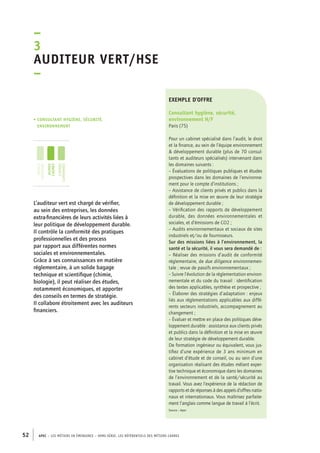 exemple d’offre 
Consultant hygiène, sécurité, 
environnement H/F 
Paris (75) 
Pour un cabinet spécialisé dans l’audit, le droit 
et la finance, au sein de l’équipe environnement 
& développement durable (plus de 70 consul-tants 
–3 
Auditeur vert/HSE 
– 
• Consultant Hygiène, sécurité, 
environnement 
jeunes 
diplômés 
jeunes 
cadres 
cadres 
confirmés 
52 APEC – LES MÉTIERS EN ÉMERGENCE – HORS-SÉRIE, LES RéfeeilnrtéS des eimrsté caders 
et auditeurs spécialisés) intervenant dans 
les domaines suivants : 
– Évaluations de politiques publiques et études 
prospectives dans les domaines de l’environne-ment 
pour le compte d’institutions ; 
– Assistance de clients privés et publics dans la 
définition et la mise en oeuvre de leur stratégie 
de développement durable ; 
– Vérification des rapports de développement 
durable, des données environnementales et 
sociales, et d’émissions de CO2 ; 
– Audits environnementaux et sociaux de sites 
industriels et/ou de fournisseurs. 
Sur des missions liées à l’environnement, la 
santé et la sécurité, il vous sera demandé de : 
– Réaliser des missions d’audit de conformité 
réglementaire, de due diligence environnemen-tale 
; revue de passifs environnementaux ; 
– Suivre l’évolution de la réglementation environ-nementale 
et du code du travail : identification 
des textes applicables, synthèse et prospective ; 
– Élaborer des stratégies d’adaptation : enjeux 
liés aux réglementations applicables aux diffé-rents 
secteurs industriels, accompagnement au 
changement ; 
– Évaluer et mettre en place des politiques déve-loppement 
durable : assistance aux clients privés 
et publics dans la définition et la mise en oeuvre 
de leur stratégie de développement durable. 
De formation ingénieur ou équivalent, vous jus-tifiez 
d’une expérience de 3 ans minimum en 
cabinet d’étude et de conseil, ou au sein d’une 
organisation réalisant des études mêlant exper-tise 
technique et économique dans les domaines 
de l’environnement et de la santé/sécurité au 
travail. Vous avez l’expérience de la rédaction de 
rapports et de réponses à des appels d’offres natio-naux 
et internationaux. Vous maîtrisez parfaite-ment 
l’anglais comme langue de travail à l’écrit. 
Source : Apec 
L’auditeur vert est chargé de vérifier, 
au sein des entreprises, les données 
extra-financières de leurs activités liées à 
leur politique de développement durable. 
Il contrôle la conformité des pratiques 
professionnelles et des process 
par rapport aux différentes normes 
sociales et environnementales. 
Grâce à ses connaissances en matière 
réglementaire, à un solide bagage 
technique et scientifique (chimie, 
biologie), il peut réaliser des études, 
notamment économiques, et apporter 
des conseils en termes de stratégie. 
Il collabore étroitement avec les auditeurs 
financiers. 
 