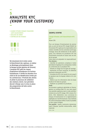 Analyste KY C 
(know your customer) 
– 
exemple d’offre 
Chargé d’études anti-blanchiment-KY C 
H/F 
Rouen (76) 
Pour une banque d’investissement de premier 
plan, au sein du Service KYC chargé d’établir les 
formulaires KYC signés par les responsables de la 
relation clientèle et de les centraliser (archivage, 
stockage, tenue des échéanciers et des statisti-ques), 
–5 
• chargé d’études risques financiers 
(anti-blanchiment) 
• analyste de crédit 
• contrôleur des risques 
jeunes 
diplômés 
jeunes 
cadres 
cadres 
confirmés 
54 APEC – LES MÉTIERS EN ÉMERGENCE – HORS-SÉRIE, LES RéfeeilnrtéS des eimrsté caders 
vous réaliserez les procédures KYC des 
financements structurés en liaison avec les enti-tés 
du groupe. 
Votre poste est polyvalent et responsabilisant. 
Vos missions : 
– Identifier les opérations complexes à traiter 
permettant d’appliquer les contreparties à mettre 
en conformité avec la procédure KYC ; 
– Prendre en charge tous les types de montage ; 
– Rechercher, de façon proactive, les éléments 
pertinents nécessaires aux KYC ; 
– Formaliser les KYC et en assurer le suivi jusqu’à 
la signature avec les équipes métiers et la com-pliance 
; 
– Mettre à jour les informations dans les bases 
locales et les bases du groupe ; 
– Améliorer au quotidien les procédures. 
Profil : 
De formation supérieure spécialisée en finance, 
gestion ou juridique (Bac+5), vous avez acquis 
une première expérience dans la lutte anti-blan-chiment 
et sur les KYC (stage, CDD, mission d’in-térim, 
CDI). Idéalement, vous connaissez la 
banque d’investissement et la réglementation 
appliquée aux marchés financiers. Vous maîtrisez 
les outils bureautiques (Word, Excel) et possédez 
un bon niveau d’anglais. 
Vos qualités : rigueur, autonomie, dynamisme, 
esprit d’équipe, qualités relationnelles, réelle 
réactivité. 
Source : Apec 
Né récemment de la lutte contre 
le blanchiment des capitaux, ce métier 
se développe principalement dans 
la banque privée (gestion de fortune). 
L’analyste KYC gère les risques 
d’opérations hasardeuses et d’actions 
frauduleuses. Il vérifie les données d’un 
client et de ses bénéficiaires livrées par 
les commerciaux. Il formule des alertes 
et pilote le processus de validation 
des relations clients. Son périmètre 
devrait s’élargir avec la mise en place 
des programmes de lutte contre 
le blanchiment. 
 