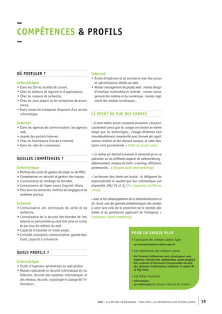 OMPÉTENCES & PROFILs 
– 
Internet 
• Écoles d’ingénieur et de commerce avec des cursus 
et spécialisations dédiés au web. 
• Master management de projets web ; master design 
d’interface multimédia et Internet ; master mana-gement 
des médias et du numérique ; master ingé-nierie 
des médias numériques… 
Le point de vue des cadres 
« Si mon métier est en constante évolution, c’est prin-cipalement 
parce que les usages ont évolué en même 
temps que les technologies ; l’usage d’Internet s’est 
considérablement complexifié avec l’arrivée des appli-cations 
mobiles et des réseaux sociaux, et cette révo-lution 
n’est pas terminée. » (Chef de projet web) 
« Ce métier est destiné à évoluer et nécessite qu’on se 
spécialise sur les différents aspects du webmarketing : 
référencement, analyse du trafic, e-mailing, affiliation, 
partenariats… » (Responsable webmarketing) 
« Les besoins des clients ont évolué : ils délèguent les 
responsabilités et veulent que leur informatique soit 
disponible 24h/24 et 7j/7. » (Ingénieur d’affaires 
cloud) 
« Avec le fort développement de la dématérialisation et 
du cloud, une des grandes problématiques des années 
à venir sera celle de la protection de la donnée elle-même 
et du patrimoine applicatif de l’entreprise. » 
(Ingénieur cloud computing) 
APEC – LES MÉTIERS EN ÉMERGENCE – HORS-SÉRIE, LES RéférentielS des métiers cadres 59 
–C 
Où postuler ? 
Informatique 
• Dans les SSII et sociétés de conseil, 
• Chez les éditeurs de logiciels et d’applications, 
• Chez les moteurs de recherche, 
• Chez les pure players et les entreprises de e-com-merce, 
• Dans toutes les entreprises disposant d’un service 
informatique. 
Internet 
• Dans les agences de communication, les agences 
web, 
• Auprès des portails Internet, 
• Chez les fournisseurs d’accès à Internet, 
• Dans les sites de e-commerce. 
Quelles compétences ? 
Informatique 
• Maîtrise des outils de gestion de projet ou de PMO, 
• Compétences en sécurité et gestion des risques, 
• Connaissance en stockage de données, 
• Connaissance de l’open source (logiciels libres), 
• Pour tous les domaines, maîtrise de langages et de 
systèmes pointus. 
Internet 
• Connaissance des techniques de veille et de 
recherche, 
• Connaissance de la sécurité des données de l’en-treprise 
ou personnelle qui doit être prise en comp-te 
par tous les métiers du web, 
• Capacité à travailler en mode projet, 
• Curiosité, innovation, communication, grande réac-tivité, 
capacité à convaincre. 
Quels profils ? 
Informatique 
• Écoles d’ingénieur généralistes ou spécialisées. 
• Masters spécialisés en sécurité informatique et/ou 
télécoms, sécurité des systèmes informatiques et 
des réseaux, sécurité, cryptologie et codage de l’in-formation… 
Pour en savoir plus 
•L’annuaire des métiers cadres Apec 
sur annuaire-metiers.cadres.apec.fr 
•Les référentiels des métiers cadres 
– De l’Internet (référenceur web, développeur web, 
ingénieur sécurité web, webmarketer, game designer) 
– Des systèmes d’information (responsable sécurité 
des systèmes d’information, urbaniste SI, expert BI 
et Big Data) 
•Les fiches fonctions 
– Informatique 
sur cadres.apec.fr, rubrique « Marché de l’emploi » 
 