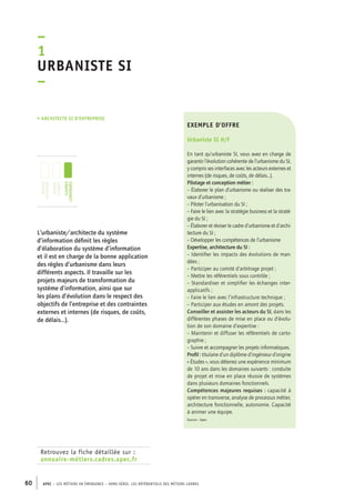 –1 
Urbaniste SI 
– 
• Architecte SI d’entreprise 
jeunes 
diplômés 
jeunes 
cadres 
cadres 
confirmés 
Retrouvez la fiche détaillée sur : 
annuaire-métiers.cadres.apec.fr 
exemple d’offre 
Urbaniste SI H/F 
En tant qu’urbaniste SI, vous avez en charge de 
garantir l’évolution cohérente de l’urbanisme du SI, 
y compris ses interfaces avec les acteurs externes et 
internes (de risques, de coûts, de délais...). 
Pilotage et conception métier : 
– Élaborer le plan d’urbanisme ou réaliser des tra-vaux 
d’urbanisme ; 
– Piloter l’urbanisation du SI ; 
– Faire le lien avec la stratégie business et la straté-gie 
du SI ; 
– Élaborer et réviser le cadre d’urbanisme et d’archi-tecture 
60 APEC – LES MÉTIERS EN ÉMERGENCE – HORS-SÉRIE, LES RéfeeilnrtéS des eimrsté caders 
du SI ; 
– Développer les compétences de l’urbanisme 
Expertise, architecture du SI : 
– Identifier les impacts des évolutions de man-dées 
; 
– Participer au comité d’arbitrage projet ; 
– Mettre les référentiels sous contrôle ; 
– Standardiser et simplifier les échanges inter-applicatifs 
; 
– Faire le lien avec l’infrastructure technique ; 
– Participer aux études en amont des projets. 
Conseiller et assister les acteurs du SI, dans les 
différentes phases de mise en place ou d’évolu-tion 
de son domaine d’expertise : 
– Maintenir et diffuser les référentiels de carto-graphie 
; 
– Suivre et accompagner les projets informatiques. 
Profil : titulaire d’un diplôme d’ingénieur d’origine 
« Études », vous détenez une expérience minimum 
de 10 ans dans les domaines suivants : conduite 
de projet et mise en place réussie de systèmes 
dans plusieurs domaines fonctionnels. 
Compétences majeures requises : capacité à 
opérer en transverse, analyse de processus métier, 
architecture fonctionnelle, autonomie. Capacité 
à animer une équipe. 
Source : Apec 
L‘urbaniste/architecte du système 
d’information définit les règles 
d’élaboration du système d’information 
et il est en charge de la bonne application 
des règles d’urbanisme dans leurs 
différents aspects. Il travaille sur les 
projets majeurs de transformation du 
système d’information, ainsi que sur 
les plans d’évolution dans le respect des 
objectifs de l’entreprise et des contraintes 
externes et internes (de risques, de coûts, 
de délais…). 
 