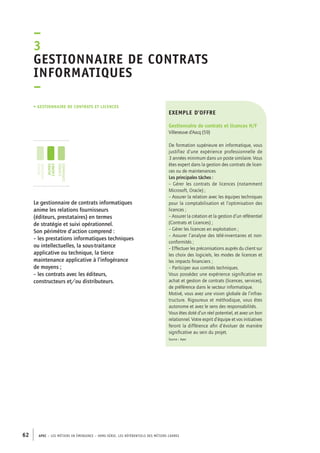 Gestionnaire de contrats 
informatiques 
– 
exemple d’offre 
Gestionnaire de contrats et licences H/F 
Villeneuve d’Ascq (59) 
De formation supérieure en informatique, vous 
justifiez d’une expérience professionnelle de 
3 années minimum dans un poste similaire. Vous 
êtes expert dans la gestion des contrats de licen-ces 
ou de maintenances. 
Les principales tâches : 
– Gérer les contrats de licences (notamment 
Microsoft, Oracle) ; 
– Assurer la relation avec les équipes techniques 
pour la comptabilisation et l’optimisation des 
licences ; 
– Assurer la création et la gestion d’un référentiel 
(Contrats et Licences) ; 
– Gérer les licences en exploitation ; 
– Assurer l’analyse des télé-inventaires et non-conformités 
–3 
• gestionnaire de contrats et licences 
jeunes 
diplômés 
jeunes 
cadres 
cadres 
confirmés 
62 APEC – LES MÉTIERS EN ÉMERGENCE – HORS-SÉRIE, LES RéfeeilnrtéS des eimrsté caders 
; 
– Effectuer les préconisations auprès du client sur 
les choix des logiciels, les modes de licences et 
les impacts financiers ; 
– Participer aux comités techniques. 
Vous possédez une expérience significative en 
achat et gestion de contrats (licences, services), 
de préférence dans le secteur informatique. 
Motivé, vous avez une vision globale de l’infras-tructure. 
Rigoureux et méthodique, vous êtes 
autonome et avez le sens des responsabilités. 
Vous êtes doté d’un réel potentiel, et avez un bon 
relationnel. Votre esprit d’équipe et vos initiatives 
feront la différence afin d’évoluer de manière 
significative au sein du projet. 
Source : Apec 
Le gestionnaire de contrats informatiques 
anime les relations fournisseurs 
(éditeurs, prestataires) en termes 
de stratégie et suivi opérationnel. 
Son périmètre d’action comprend : 
– les prestations informatiques techniques 
ou intellectuelles, la sous-traitance 
applicative ou technique, la tierce 
maintenance applicative à l’infogérance 
de moyens ; 
– les contrats avec les éditeurs, 
constructeurs et/ou distributeurs. 
 