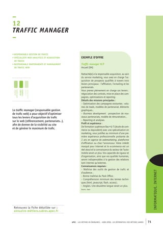 APEC – LES MÉTIERS EN ÉMERGENCE – HORS-SÉRIE, LES RéférentielS des métiers cadres 71 
– 
12 
Traffic manager 
– 
• Responsable gestion de trafic 
• spécialiste web analytics et acquisition 
de trafic 
• responsable partenariats et management 
de trafic web 
Retrouvez la fiche détaillée sur : 
annuaire-métiers.cadres.apec.fr 
exemple d’offre 
Traffic manager H/F 
Arcueil (94) 
Rattaché(e) à la responsable acquisition, au sein 
du service marketing, vous avez en charge l’ac-quisition 
de prospects qualifiés à travers trois 
leviers principaux : l’affiliation, l’e-mailing et les 
partenariats. 
Vous prenez pleinement en charge ces leviers : 
négociation des contrats, mise en place des cam-pagnes, 
optimisations et reporting. 
Détails des missions principales : 
– Optimisation des campagnes existantes : volu-mes 
de leads, modèles de partenariat, éléments 
graphiques... 
– Business development : prospection de nou-veaux 
partenariats, modèle de rémunération... 
– Reporting et analyses. 
Profil et expérience : 
De formation supérieure Bac+4/5 (école de com-merce 
ou équivalent) avec une spécialisation en 
marketing, vous justifiez au minimum d’une pre-mière 
expérience professionnelle probante de 
2 ans en agence de webmarketing, plateforme 
d’affiliation ou chez l’annonceur. Votre intérêt 
marqué pour Internet et le e-commerce est un 
réel atout et la connaissance du secteur de l’auto-mobile 
serait un plus. Vos capacités de rigueur et 
d’organisation, ainsi que vos qualités humaines, 
seront indispensables à la gestion des relations 
tant internes qu’externes. 
Connaissances requises : 
– Maîtrise des outils de gestion de trafic et 
d’audience ; 
– Bonne maîtrise du Pack Office ; 
– Compréhension minimum des termes techni-ques 
(html, javascript, flash, access) ; 
– Anglais. Une deuxième langue serait un plus. 
Source : Apec 
Le traffic manager (responsable gestion 
de trafic web) a pour objectif d’optimiser 
tous les leviers d’acquisition de trafic 
sur le web (référencement, partenariats…), 
afin de donner de la visibilité au site 
et de générer le maximum de trafic. 
informatique, Internet 
jeunes 
diplômés 
jeunes 
cadres 
cadres 
confirmés 
 