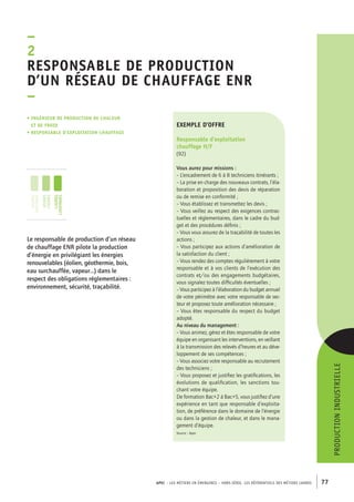 Responsable de production 
d’un réseau de chauffage ENR 
– 
APEC – LES MÉTIERS EN ÉMERGENCE – HORS-SÉRIE, LES RéférentielS des métiers cadres 77 
production industrielle 
exemple d’offre 
Responsable d’exploitation 
chauffage H/F 
(92) 
Vous aurez pour missions : 
– L’encadrement de 6 à 8 techniciens itinérants ; 
– La prise en charge des nouveaux contrats, l’éla-boration 
et proposition des devis de réparation 
ou de remise en conformité ; 
– Vous établissez et transmettez les devis ; 
– Vous veillez au respect des exigences contrac-tuelles 
et réglementaires, dans le cadre du bud-get 
et des procédures définis ; 
– Vous vous assurez de la traçabilité de toutes les 
actions ; 
– Vous participez aux actions d’amélioration de 
la satisfaction du client ; 
– Vous rendez des comptes régulièrement à votre 
responsable et à vos clients de l’exécution des 
contrats et/ou des engagements budgétaires, 
vous signalez toutes difficultés éventuelles ; 
– Vous participez à l’élaboration du budget annuel 
de votre périmètre avec votre responsable de sec-teur 
et proposez toute amélioration nécessaire ; 
– Vous êtes responsable du respect du budget 
adopté. 
Au niveau du management : 
– Vous animez, gérez et êtes responsable de votre 
équipe en organisant les interventions, en veillant 
à la transmission des relevés d’heures et au déve-loppement 
de ses compétences ; 
– Vous associez votre responsable au recrutement 
des techniciens ; 
– Vous proposez et justifiez les gratifications, les 
évolutions de qualification, les sanctions tou-chant 
votre équipe. 
De formation Bac+2 à Bac+5, vous justifiez d’une 
expérience en tant que responsable d’exploita-tion, 
de préférence dans le domaine de l’énergie 
ou dans la gestion de chaleur, et dans le mana-gement 
d’équipe. 
Source : Apec 
–2 
• ingénieur de production de chaleur 
et de froid 
• responsable d’exploitation chauffage 
jeunes 
diplômés 
jeunes 
cadres 
cadres 
confirmés 
Le responsable de production d’un réseau 
de chauffage ENR pilote la production 
d’énergie en privilégiant les énergies 
renouvelables (éolien, géothermie, bois, 
eau surchauffée, vapeur…) dans le 
respect des obligations réglementaires : 
environnement, sécurité, traçabilité. 
 