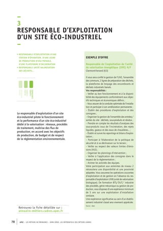 –3 
Responsable d’exploitation 
d’un site éco-industriel 
– 
• Responsable d’exploitation d’une 
station d’épuration, d’une usine 
de production d’eau potable, 
d’une plateforme d’incinération 
• responsable unité valorisation 
des déchets… 
jeunes 
diplômés 
jeunes 
cadres 
cadres 
confirmés 
Retrouvez la fiche détaillée sur : 
annuaire-métiers.cadres.apec.fr 
exemple d’offre 
Responsable de l’exploitation de l’unité 
de valorisation énergétique (UVE) H/F 
Clermont-Ferrand (63) 
Il vous sera confié la gestion de l’UVE, l’ensemble 
des communs, 2 lignes de préparation des déchets, 
la plateforme de broyage des encombrants et 
déchets industriels banals. 
Vos responsabilités : 
– Veiller au bon fonctionnement et à la disponi-bilité 
des équipements conformément aux objec-tifs 
techniques et économiques définis ; 
– Vous assurer de la conduite optimisée de l’installa-tion 
et participer à son amélioration permanente ; 
– Établir des procédures d’exploitation et des 
consignes ; 
– Organiser la gestion de l’ensemble des entrées/ 
sorties du site : déchets, sous-produits et résidus ; 
– Prendre en compte les résultats d’analyses des 
sous-produits issus de l’incinération, des rejets 
liquides, gazeux et des eaux de chaudières... ; 
– Établir et suivre les reportings et bilans d’exploi-tation 
78 APEC – LES MÉTIERS EN ÉMERGENCE – HORS-SÉRIE, LES RéfeeilnrtéS des eimrsté caders 
; 
– Participer à l’élaboration de la politique de 
sécurité et à sa déclinaison sur le terrain ; 
– Veiller au respect des valeurs limites d’émis-sions 
(VLE) ; 
– Organiser les plannings d’intervention ; 
– Veiller à l’application des consignes dans le 
respect de la règlementation ; 
– Animer les activités des équipes. 
Votre participation aux astreintes de niveau 2 
nécessitera une disponibilité et une proximité 
adaptées. Vous assurerez les opérations courantes 
d’exploitation et de gestion en l’absence du res-ponsable 
d’exploitation UVB (unité de valorisation 
biologique). De formation BTS/DUT/ industrie 
des procédés, génie mécanique ou gestion de pro-duction, 
vous disposez d’une expérience minimum 
de 5 ans sur une exploitation d’installation 
similaire. 
Une expérience significative au sein d’un établis-sement 
industriel classé sera vivement appréciée. 
Source : Apec 
Le responsable d’exploitation d’un site 
éco-industriel pilote le fonctionnement 
et la performance d’un site éco-industriel 
dédié à la valorisation : réseaux, procédés 
de traitement, maîtrise des flux de 
production, en accord avec les objectifs 
de production, de budget et de respect 
de la réglementation environnementale. 
 