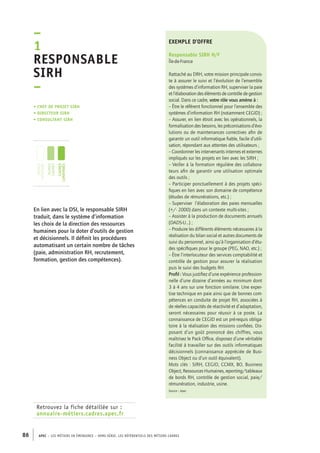 –1R 
esponsable 
SIRH 
– 
• Chef de projet SIRH 
• directeur SIRH 
• consultant SIRH 
jeunes 
diplômés 
jeunes 
cadres 
cadres 
confirmés 
Retrouvez la fiche détaillée sur : 
annuaire-métiers.cadres.apec.fr 
exemple d’offre 
Responsable SIRH H/F 
Île-de-France 
Rattaché au DRH, votre mission principale consis-te 
à assurer le suivi et l’évolution de l’ensemble 
des systèmes d’information RH, superviser la paie 
et l’élaboration des éléments de contrôle de gestion 
social. Dans ce cadre, votre rôle vous amène à : 
– Être le référent fonctionnel pour l’ensemble des 
systèmes d’information RH (notamment CEGID) ; 
– Assurer, en lien étroit avec les opérationnels, la 
formalisation des besoins, les préconisations d’évo-lutions 
86 APEC – LES MÉTIERS EN ÉMERGENCE – HORS-SÉRIE, LES RéfeeilnrtéS des eimrsté caders 
ou de maintenances correctives afin de 
garantir un outil informatique fiable, facile d’utili-sation, 
répondant aux attentes des utilisateurs ; 
– Coordonner les intervenants internes et externes 
impliqués sur les projets en lien avec les SIRH ; 
– Veiller à la formation régulière des collabora-teurs 
afin de garantir une utilisation optimale 
des outils ; 
– Participer ponctuellement à des projets spéci-fiques 
en lien avec son domaine de compétence 
(études de rémunérations, etc.) ; 
– Superviser l’élaboration des paies mensuelles 
(+/- 2000) dans un contexte multi-sites ; 
– Assister à la production de documents annuels 
(DADS-U...) ; 
– Produire les différents éléments nécessaires à la 
réalisation du bilan social et autres documents de 
suivi du personnel, ainsi qu’à l’organisation d’étu-des 
spécifiques pour le groupe (PEG, NAO, etc.) ; 
– Être l’interlocuteur des services comptabilité et 
contrôle de gestion pour assurer la réalisation 
puis le suivi des budgets RH. 
Profil : Vous justifiez d’une expérience profession-nelle 
d’une dizaine d’années au minimum dont 
3 à 4 ans sur une fonction similaire. Une exper-tise 
technique en paie ainsi que de bonnes com-pétences 
en conduite de projet RH, associées à 
de réelles capacités de réactivité et d’adaptation, 
seront nécessaires pour réussir à ce poste. La 
connaissance de CEGID est un pré-requis obliga-toire 
à la réalisation des missions confiées. Dis-posant 
d’un goût prononcé des chiffres, vous 
maîtrisez le Pack Office, disposez d’une véritable 
facilité à travailler sur des outils informatiques 
décisionnels (connaissance appréciée de Busi-ness 
Object ou d’un outil équivalent). 
Mots clés : SIRH, CEGID, CCMX, BO, Business 
Object, Ressources Humaines, reporting/tableaux 
de bords RH, contrôle de gestion social, paie/ 
rémunération, industrie, usine. 
Source : Apec 
En lien avec la DSI, le responsable SIRH 
traduit, dans le système d’information 
les choix de la direction des ressources 
humaines pour la doter d’outils de gestion 
et décisionnels. Il définit les procédures 
automatisant un certain nombre de tâches 
(paie, administration RH, recrutement, 
formation, gestion des compétences). 
 
