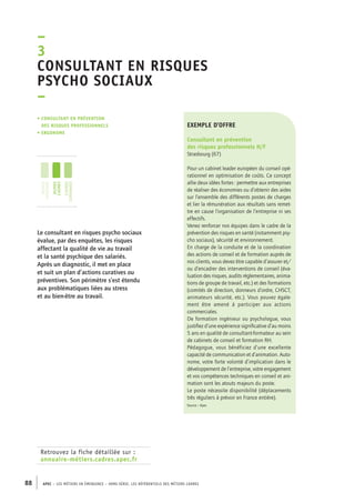 –3 
Consultant en risques 
psycho sociaux 
– 
• Consultant en prévention 
des risques professionnels 
• ergonome 
jeunes 
diplômés 
jeunes 
cadres 
cadres 
confirmés 
Retrouvez la fiche détaillée sur : 
annuaire-métiers.cadres.apec.fr 
exemple d’offre 
Consultant en prévention 
des risques professionnels H/F 
Strasbourg (67) 
Pour un cabinet leader européen du conseil opé-rationnel 
88 APEC – LES MÉTIERS EN ÉMERGENCE – HORS-SÉRIE, LES RéfeeilnrtéS des eimrsté caders 
en optimisation de coûts. Ce concept 
allie deux idées fortes : permettre aux entreprises 
de réaliser des économies ou d’obtenir des aides 
sur l’ensemble des différents postes de charges 
et lier la rémunération aux résultats sans remet-tre 
en cause l’organisation de l’entreprise ni ses 
effectifs. 
Venez renforcer nos équipes dans le cadre de la 
prévention des risques en santé (notamment psy-cho 
sociaux), sécurité et environnement. 
En charge de la conduite et de la coordination 
des actions de conseil et de formation auprès de 
nos clients, vous devez être capable d’assurer et/ 
ou d’encadrer des interventions de conseil (éva-luation 
des risques, audits réglementaires, anima-tions 
de groupe de travail, etc.) et des formations 
(comités de direction, donneurs d’ordre, CHSCT, 
animateurs sécurité, etc.). Vous pouvez égale-ment 
être amené à participer aux actions 
commerciales. 
De formation ingénieur ou psychologue, vous 
justifiez d’une expérience significative d’au moins 
5 ans en qualité de consultant-formateur au sein 
de cabinets de conseil et formation RH. 
Pédagogue, vous bénéficiez d’une excellente 
capacité de communication et d’animation. Auto-nome, 
votre forte volonté d’implication dans le 
développement de l’entreprise, votre engagement 
et vos compétences techniques en conseil et ani-mation 
sont les atouts majeurs du poste. 
Le poste nécessite disponibilité (déplacements 
très réguliers à prévoir en France entière). 
Source : Apec 
Le consultant en risques psycho sociaux 
évalue, par des enquêtes, les risques 
affectant la qualité de vie au travail 
et la santé psychique des salariés. 
Après un diagnostic, il met en place 
et suit un plan d’actions curatives ou 
préventives. Son périmètre s’est étendu 
aux problématiques liées au stress 
et au bien-être au travail. 
 