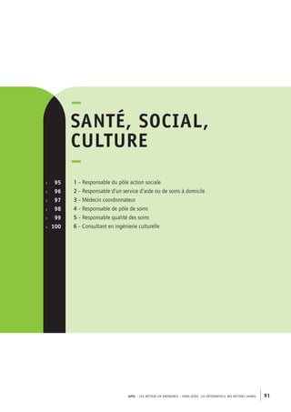 APEC – LES MÉTIERS EN ÉMERGENCE – HORS-SÉRIE, LES RéférentielS des métiers cadres 91 
–santé 
, social, 
culture– 
1 – Responsable du pôle action sociale 
2 – Responsable d’un service d’aide ou de soins à domicile 
3 – Médecin coordonnateur 
4 – Responsable de pôle de soins 
5 – Responsable qualité des soins 
6 – Consultant en ingénierie culturelle 
p. 95 
p. 96 
p. 97 
p. 98 
p. 99 
p. 100 
 