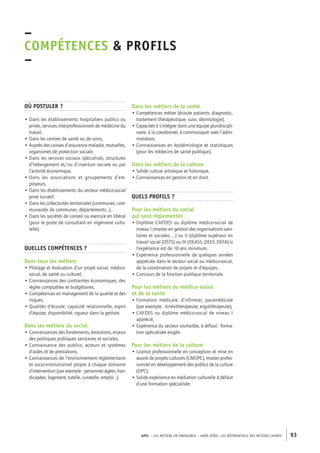 Dans les métiers de la santé 
• Compétences métier (écoute patients, diagnostic, 
traitement thérapeutique, suivi, déontologie), 
• Capacités à s’intégrer dans une équipe pluridiscipli-naire, 
à la coordonner, à communiquer avec l’admi-nistration, 
• Connaissances en épidémiologie et statistiques 
(pour les médecins de santé publique). 
Dans les métiers de la culture 
• Solide culture artistique et historique, 
• Connaissances en gestion et en droit. 
Quels profils ? 
Pour les métiers du social 
qui sont réglementés 
• Diplôme CAFDES ou diplôme médico-social de 
niveau I (master en gestion des organisations sani-taires 
et sociales, …) ou II (diplôme supérieur en 
travail social (DSTS) ou III (DEASS, DEES, DEFA) si 
l’expérience est de 10 ans minimum, 
• Expérience professionnelle de quelques années 
appréciée dans le secteur social ou médico-social, 
de la coordination de projets et d’équipes, 
• Concours de la fonction publique territoriale. 
Pour les métiers du médico-social 
et de la santé 
• Formation médicale, d’infirmier, paramédicale 
(par exemple : kinésithérapeute, ergothérapeute), 
• CAFDES ou diplôme médico-social de niveau I 
apprécié, 
• Expérience du secteur souhaitée, à défaut : forma-tion 
spécialisée exigée. 
Pour les métiers de la culture 
• Licence professionnelle en conception et mise en 
oeuvre de projets culturels (CMOPC), master profes-sionnel 
en développement des publics de la culture 
(DPC), 
• Solide expérience en médiation culturelle à défaut 
d’une formation spécialisée. 
APEC – LES MÉTIERS EN ÉMERGENCE – HORS-SÉRIE, LES RéférentielS des métiers cadres 93 
Où postuler ? 
• Dans les établissements hospitaliers publics ou 
privés, services interprofessionnels de médecine du 
travail, 
• Dans les centres de santé ou de soins, 
• Auprès des caisses d’assurance maladie, mutuelles, 
organismes de protection sociale, 
• Dans les services sociaux spécialisés, structures 
d’hébergement et/ou d’insertion sociale ou par 
l’activité économique, 
• Dans les associations et groupements d’em-ployeurs, 
• Dans les établissements du secteur médico-social 
privé lucratif, 
• Dans les collectivités territoriales (communes, com-munautés 
de communes, départements…), 
• Dans les sociétés de conseil ou exercice en libéral 
(pour le poste de consultant en ingénierie cultu-relle). 
Quelles compétences ? 
Dans tous les métiers 
• Pilotage et évaluation d’un projet social, médico-social, 
de santé ou culturel, 
• Connaissances des contraintes économiques, des 
règles comptables et budgétaires, 
• Compétences en management de la qualité et des 
risques, 
• Qualités d’écoute, capacité relationnelle, esprit 
d’équipe, disponibilité, rigueur dans la gestion. 
Dans les métiers du social 
• Connaissances des fondements, évolutions, enjeux 
des politiques publiques sanitaires et sociales, 
• Connaissance des publics, acteurs et systèmes 
d’aides et de prestations, 
• Connaissances de l’environnement réglementaire 
et socio-institutionnel propre à chaque domaine 
d’intervention (par exemple : personnes âgées, han-dicapées, 
logement, tutelle, curatelle, emploi…). 
–C 
OMPÉTENCES & PROFILs 
– 
 