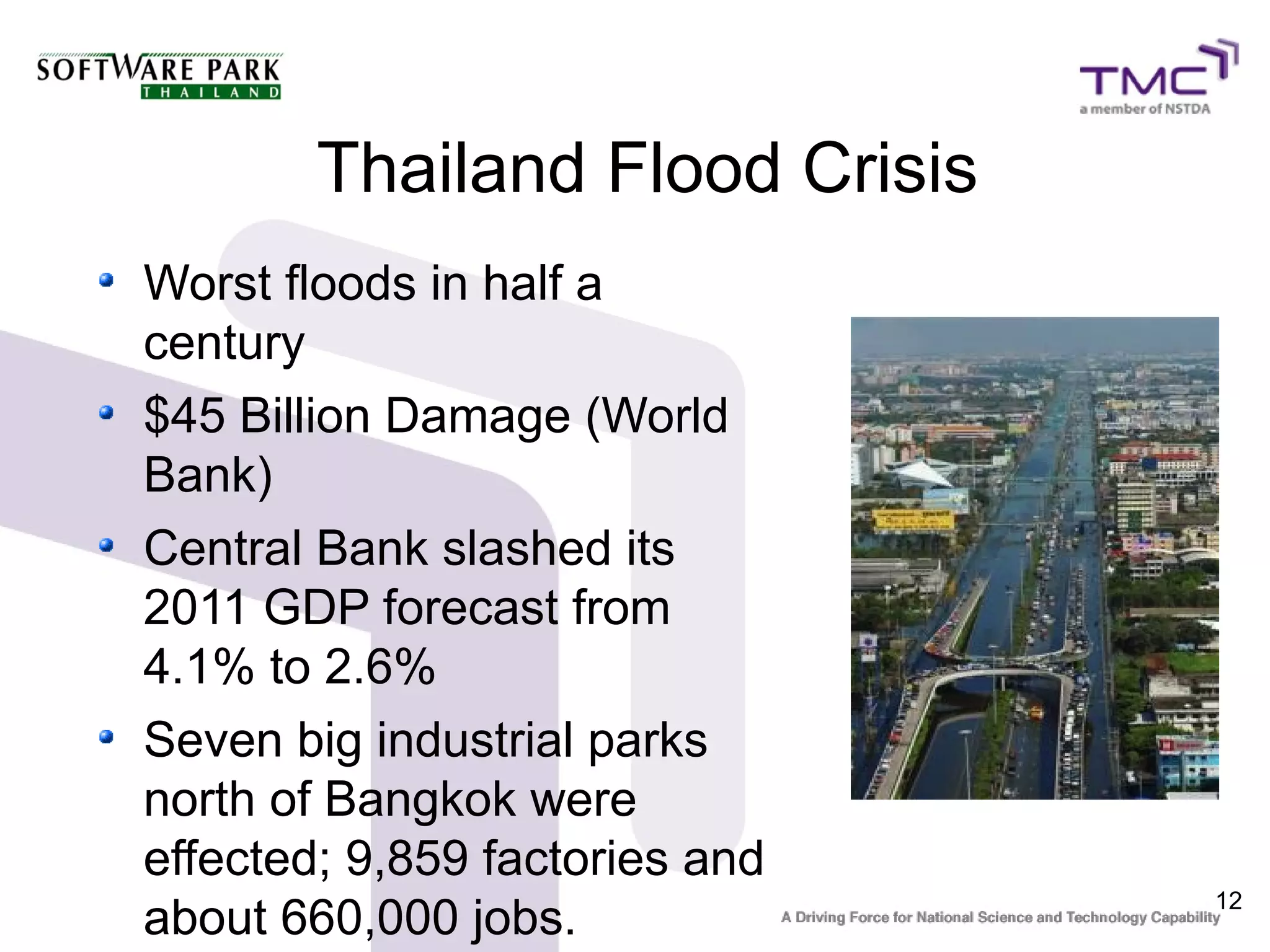 Thailand Flood Crisis
Worst floods in half a
century
$45 Billion Damage (World
Bank)
Central Bank slashed its
2011 GDP forecast from
4.1% to 2.6%
Seven big industrial parks
north of Bangkok were
effected; 9,859 factories and
                                12
about 660,000 jobs.
 