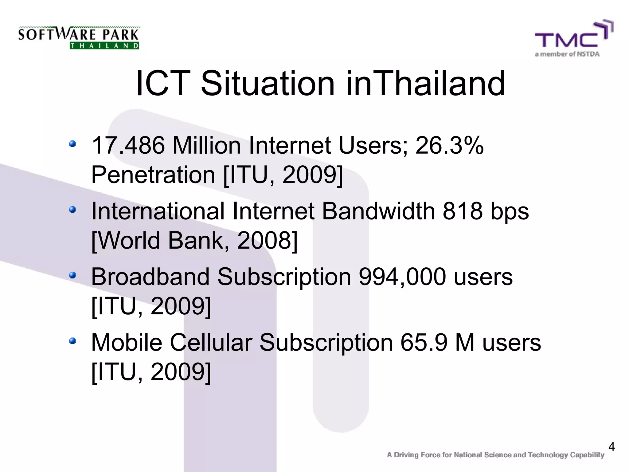 ICT Situation inThailand
17.486 Million Internet Users; 26.3%
Penetration [ITU, 2009]
International Internet Bandwidth 818 bps
[World Bank, 2008]
Broadband Subscription 994,000 users
[ITU, 2009]
Mobile Cellular Subscription 65.9 M users
[ITU, 2009]

                                            4
 