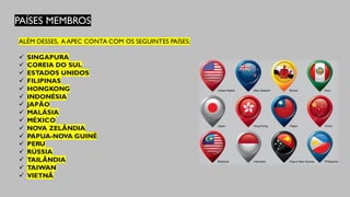 PAÍSES MEMBROS
ALÉM DESSES, A APEC CONTA COM OS SEGUINTES PAÍSES:
✓ SINGAPURA
✓ COREIA DO SUL
✓ ESTADOS UNIDOS
✓ FILIPINAS
✓ HONGKONG
✓ INDONÉSIA
✓ JAPÃO
✓ MALÁSIA
✓ MÉXICO
✓ NOVA ZELÂNDIA
✓ PAPUA-NOVA GUINÉ
✓ PERU
✓ RÚSSIA
✓ TAILÂNDIA
✓ TAIWAN
✓ VIETNÃ
 