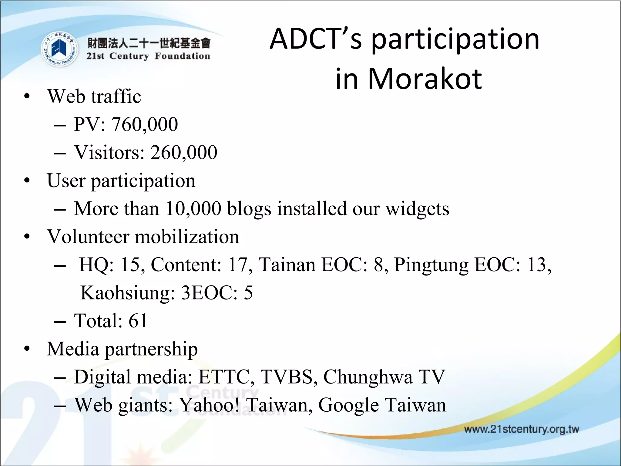 ADCT’s participation  in Morakot Web traffic PV: 760,000 Visitors: 260,000 User participation More than 10,000 blogs installed our widgets Volunteer mobilization HQ: 15, Content: 17, Tainan EOC: 8, Pingtung EOC: 13,  Kaohsiung: 3EOC: 5 Total: 61 Media partnership Digital media: ETTC, TVBS, Chunghwa TV Web giants: Yahoo! Taiwan, Google Taiwan 