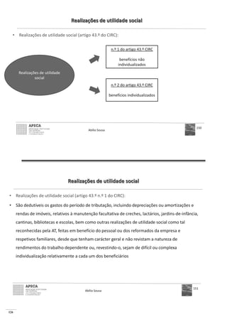 126
Realizações de utilidade social
• Realizações de utilidade social (artigo 43.º do CIRC):
Abílio Sousa
150
Realizações de utilidade
social
n.º 1 do artigo 43.º CIRC
benefícios não
individualizados
n.º 2 do artigo 43.º CIRC
benefícios individualizados
Realizações de utilidade social
• Realizações de utilidade social (artigo 43.º n.º 1 do CIRC):
• São dedutíveis os gastos do período de tributação, incluindo depreciações ou amortizações e
rendas de imóveis, relativos à manutenção facultativa de creches, lactários, jardins-de-infância,
cantinas, bibliotecas e escolas, bem como outras realizações de utilidade social como tal
reconhecidas pela AT, feitas em benefício do pessoal ou dos reformados da empresa e
respetivos familiares, desde que tenham carácter geral e não revistam a natureza de
rendimentos do trabalho dependente ou, revestindo-o, sejam de difícil ou complexa
individualização relativamente a cada um dos beneficiários
Abílio Sousa
151
 