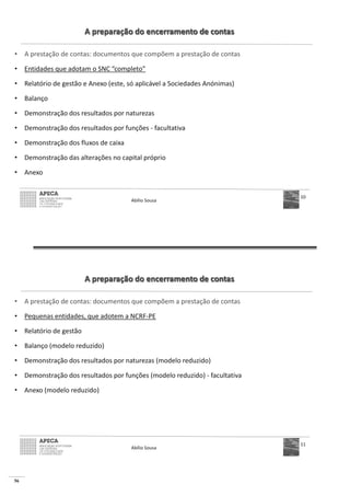 56
A preparação do encerramento de contas
• A prestação de contas: documentos que compõem a prestação de contas
• Entidades que adotam o SNC “completo”
• Relatório de gestão e Anexo (este, só aplicável a Sociedades Anónimas)
• Balanço
• Demonstração dos resultados por naturezas
• Demonstração dos resultados por funções - facultativa
• Demonstração dos fluxos de caixa
• Demonstração das alterações no capital próprio
• Anexo
Abílio Sousa
10
A preparação do encerramento de contas
• A prestação de contas: documentos que compõem a prestação de contas
• Pequenas entidades, que adotem a NCRF-PE
• Relatório de gestão
• Balanço (modelo reduzido)
• Demonstração dos resultados por naturezas (modelo reduzido)
• Demonstração dos resultados por funções (modelo reduzido) - facultativa
• Anexo (modelo reduzido)
Abílio Sousa
11
 