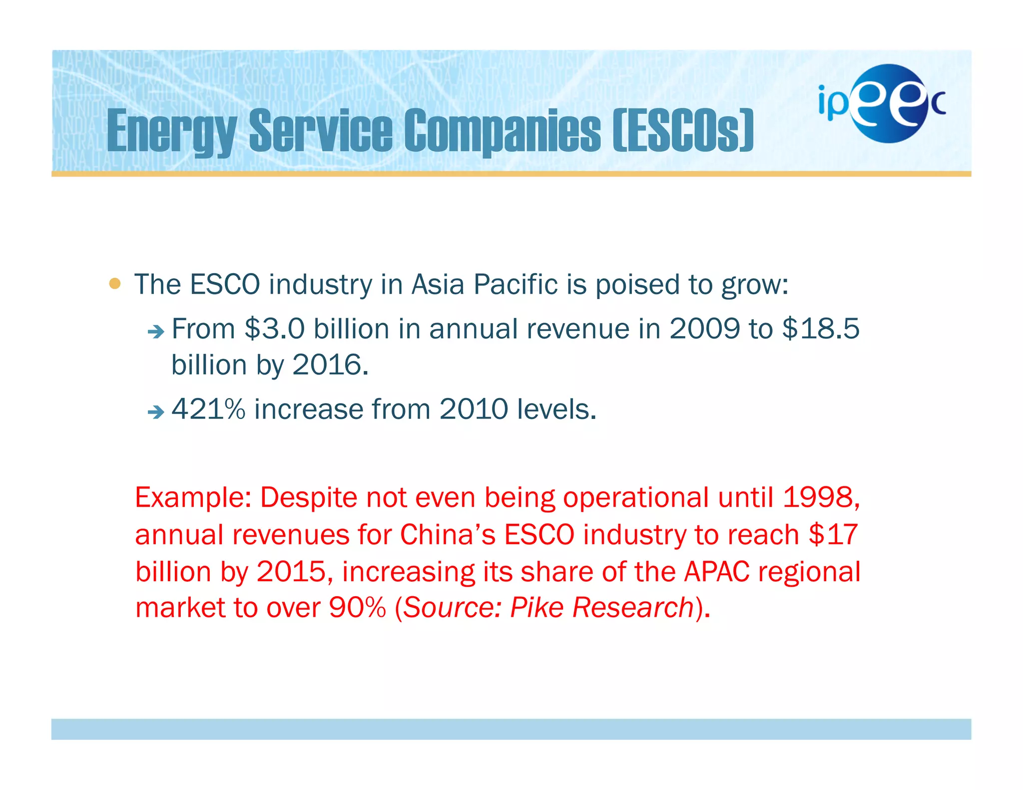 Energy Service Companies (ESCOs)
  The ESCO industry in Asia Pacific is poised to grow:
 From $3.0 billion in annual revenue in 2009 to $18.5
billion by 2016.
 421% increase from 2010 levels.
Example: Despite not even being operational until 1998,
annual revenues for China’s ESCO industry to reach $17
billion by 2015, increasing its share of the APAC regional
market to over 90% (Source: Pike Research). 
 