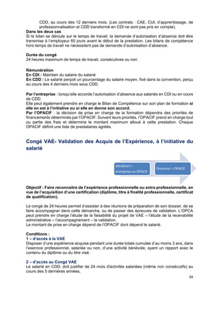  
 
 
 
34 
CDD, au cours des 12 derniers mois. (Les contrats : CAE, CUI, d’apprentissage, de
professionnalisation et CDD transformé en CDI ne sont pas pris en compte).
Dans les deux cas
Si le bilan se déroule sur le temps de travail, la demande d’autorisation d’absence doit être
transmise à l’employeur 60 jours avant le début de la prestation. Les bilans de compétence
hors temps de travail ne nécessitent pas de demande d’autorisation d’absence.
Durée du congé
24 heures maximum de temps de travail, consécutives ou non
Rémunération
En CDI : Maintien du salaire du salarié
En CDD : Le salarié perçoit un pourcentage du salaire moyen, fixé dans la convention, perçu
au cours des 4 derniers mois sous CDD.
Par l’entreprise : lorsqu’elle accorde l’autorisation d’absence aux salariés en CDI ou en cours
de CDD.
Elle peut également prendre en charge le Bilan de Compétence sur son plan de formation si
elle en est à l’initiative ou si elle en donne son accord.
Par l’OPACIF : la décision de prise en charge de la formation dépendra des priorités de
financements déterminés par l’OPACIF. Suivant leurs priorités, l’OPACIF prend en charge tout
ou partie des frais et détermine le montant maximum alloué à cette prestation. Chaque
OPACIF définit une liste de prestataires agréés.
Congé VAE- Validation des Acquis de l’Expérience, à l’initiative du
salarié
Objectif : Faire reconnaitre de l’expérience professionnelle ou extra professionnelle, en
vue de l’acquisition d’une certification (diplôme, titre à finalité professionnelle, certificat
de qualification).
Le congé de 24 heures permet d’assister à des réunions de préparation de son dossier, de se
faire accompagner dans cette démarche, ou de passer des épreuves de validation. L’OPCA
peut prendre en charge l’étude de la faisabilité du projet de VAE – l’étude de la recevabilité
administrative – l’accompagnement – la validation.
Le montant de prise en charge dépend de l’OPACIF dont dépend le salarié.
Conditions :
1 – d’accès à la VAE
Disposer d’une expérience acquise pendant une durée totale cumulée d’au moins 3 ans, dans
l’exercice professionnel, salariée ou non, d’une activité bénévole, ayant un rapport avec le
contenu du diplôme ou du titre visé.
2 – d’accès au Congé VAE
Le salarié en CDD, doit justifier de 24 mois d'activités salariées (même non consécutifs) au
cours des 5 dernières années,
décideurs = 
entreprise ou OPACIF
financeur = OPACIF
 