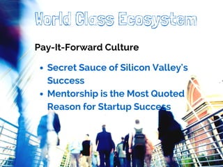 World Class Ecosystem 
Pay-It-Forward Culture 
Secret Sauce of Silicon Valley's 
Success 
Mentorship is the Most Quoted 
Reason for Startup Success 
 