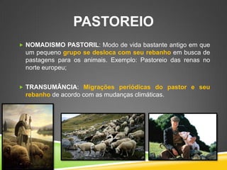 PASTOREIO 
NOMADISMO PASTORIL: Modo de vida bastante antigo em que um pequeno grupo se desloca com seu rebanho em busca de pastagens para os animais. Exemplo: Pastoreio das renas no norte europeu; 
TRANSUMÂNCIA: Migrações periódicas do pastor e seu rebanho de acordo com as mudanças climáticas.  