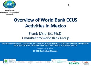 1 
Overview of World Bank CCUS 
WORKSHOP FOR CIVIL, CHEMICAL, ELECTRICAL, ENVIRONMENTAL AND MECHANICAL ENGINEERS: 
INTRODUCTION TO CAPTURE, USE AND GEOLOGICAL STORAGE OF CO2 
October 13-14, 2014 
DF CFE Technology Museum 
SUPPORTED BY: 
Activities in Mexico 
Frank Mourits, Ph.D. 
Consultant to World Bank Group 
 