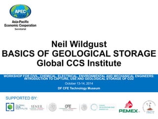 Neil Wildgust 
BASICS OF GEOLOGICAL STORAGE 
Global CCS Institute 
WORKSHOP FOR CIVIL, CHEMICAL, ELECTRICAL, ENVIRONMENTAL AND MECHANICAL ENGINEERS: 
INTRODUCTION TO CAPTURE, USE AND GEOLOGICAL STORAGE OF CO2 
October 13-14, 2014 
DF CFE Technology Museum 
SUPPORTED BY: 
 