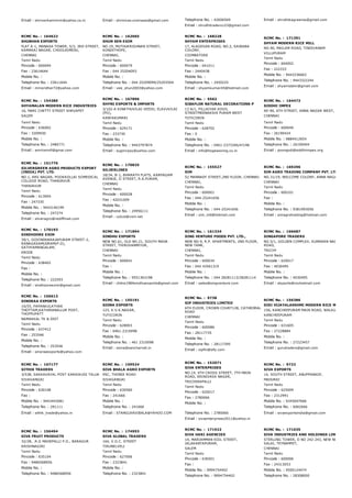 Email : shrivenkammrm@yahoo.co.in Email : shrinivas.overseas@gmail.com Telephone No. : 42606569
Email : shruthitraders123@gmail.com
Email : shruthikagreenss@gmail.com
RCMC No. :  164622
SHUBHAN EXPORTS
FLAT A­1, MANASA TOWER, 5/3, 3RD STREET,
KAMARAJ NAGAR, CHOOLAIMEDU,
CHENNAI
Tamil Nadu
Pincode : 600094
Fax : 23614644
Mobile No. :
Telephone No. : 23611644
Email : mmsridhar72@yahoo.com
RCMC No. :  162065
SHUN SEN EXIM
NO.19, MUTHUKRISHNAN STREET,
KONDITHOPE,
CHENNAI,
Tamil Nadu
Pincode : 600079
Fax : 044 25204093
Mobile No. :
Telephone No. : 044 25209099/25203504
Email : vee_shun2003@yahoo.com
RCMC No. :  168228
SHYAM ENTERPRISES
17, ALAGESAN ROAD, NO.2, SAIBABA
COLONY,
COIMBATORE
Tamil Nadu
Pincode : 641011
Fax : 2440438
Mobile No. :
Telephone No. : 2450225
Email : shyamkumar45@hotmail.com
RCMC No. :  171391
SHYAM MODERN RICE MILL
NO.90, MAILAM ROAD, TINDIVANAM
VILLUPURAM
Tamil Nadu
Pincode : 604002
Fax : 222333
Mobile No. : 9443236663
Telephone No. : 9443322244
Email : shyamstalin@gmail.com
RCMC No. :  154380
SHYAMALAN MODERN RICE INDUSTRIES
16, MARI CHETTY STREET SHEVAPET
SALEM
Tamil Nadu
Pincode : 636002
Fax : 3209930
Mobile No. :
Telephone No. : 2480771
Email : amricemill@gmai.com
RCMC No. :  167896
SHYNI EXPORTS & IMPORTS
3/102­A KINATHUVILAI VEEDU, ELAVUVILAI
(PO),
KANYAKUMARI
Tamil Nadu
Pincode : 629171
Fax : 233730
Mobile No. :
Telephone No. : 9443797874
Email : suginvijay@yahoo.com
RCMC No. :  5562
SIBAFLOR NATURAL DECORATIONS P
13 A/1, PILLAIYAR KOVIL
STREETMEENAKSHI PURAM WEST
TUTICORIN
Tamil Nadu
Pincode : 628702
Fax : 0
Mobile No. :
Telephone No. : 0461­2373346/47/48
Email : info@hogewoning.co.in
RCMC No. :  164472
SIDDHI IMPEX
AE­90, 6TH STREET, ANNA NAGAR WEST,
CHENNAI
Tamil Nadu
Pincode : 600040
Fax : 26190424
Mobile No. : 9884412654
Telephone No. : 26190404
Email : poongodi@siddhiimpex.org
RCMC No. :  151776
SILVERGREEN AGRO PRODUCTS EXPORT
(INDIA) PVT. LTD.
NO.1, ARS NAGAR, POOKKOLLAI SOMEDICAL
COLLEGE ROAD, THANJAVUR
THANJAVUR
Tamil Nadu
Pincode : 613004
Fax : 247335
Mobile No. : 9443140199
Telephone No. : 247274
Email : silveragro@rediffmail.com
RCMC No. :  170825
SILVERLINES
18/34, B­1, BHARATH FLATS, KARPAGAM
AVENUE, II STREET, R.A.PURAM,
CHENNAI
Tamil Nadu
Pincode : 600028
Fax : 42031009
Mobile No. :
Telephone No. : 24956111
Email : colcot@vsnl.net
RCMC No. :  155527
SIM
52 MANNADY STREET,2ND FLOOR, CHENNAI
CHENNAI,
Tamil Nadu
Pincode : 600001
Fax : 044­25241656
Mobile No. :
Telephone No. : 044­25241656
Email : sim_intl@hotmail.com
RCMC No. :  169296
SIM AGRO TRADING COMPANY PVT. LTD.
NO.31/19, WELCOME COLONY, ANNA NAGAR,
CHENNAI
Tamil Nadu
Pincode : 600101
Fax :
Mobile No. :
Telephone No. : 9381993056
Email : simagrotrading@hotmail.com
RCMC No. :  170193
SINDHOORE EXIM
39/1, GOVINDHARAJAPURAM STREET­2,
RANAGASAMUDRAM(P.O),
SATHYAMANGALAM,
ERODE
Tamil Nadu
Pincode : 638402
Fax :
Mobile No. :
Telephone No. : 222593
Email : sindhooreexim@gmail.com
RCMC No. :  171894
SINDHU EXPORTS
NEW NO.61, OLD NO.21, SOUTH MADA
STREET, THIRUVANMIYUR,
CHENNAI
Tamil Nadu
Pincode : 600041
Fax :
Mobile No. :
Telephone No. : 9551363198
Email : chitra1984sindhuexports@gmail.com
RCMC No. :  161334
SING VENTURE FOODS PVT. LTD.,
NEW NO.9, R.P. APARTMENTS, 2ND FLOOR,
NEW TANK,
CHENNAI,
Tamil Nadu
Pincode : 600034
Fax : 044 43561319
Mobile No. :
Telephone No. : 044 28281113/28281114
Email : sales@singventure.com
RCMC No. :  166687
SINGAPORE TRADERS
NO.5/1, GOLDEN COMPLEX, KUMARAN NAGAR, VAYA
ROAD,
TRICHY
Tamil Nadu
Pincode : 620017
Fax : 4030495
Mobile No. :
Telephone No. : 4030495
Email : stxports@rocketmail.com
RCMC No. :  156613
SINORAA EXPORTS
10/55, PAPANKULATHAR
THOTTAM,KATHIRANALLUR POST,
THOPPUPATT
NAMAKKAL TK & DIST
Tamil Nadu
Pincode : 637412
Fax : 253546
Mobile No. :
Telephone No. : 253546
Email : sinoraaexports@yahoo.com
RCMC No. :  155191
SIONA EXPORTS
123, K.V.K.NAGAR,
TUTICORIN
Tamil Nadu
Pincode : 628003
Fax : 0461­2310098
Mobile No. :
Telephone No. : 461 2310098
Email : siona@sancharnet.in
RCMC No. :  9738
SIP INDUSTRIES LIMITED
6TH FLOOR, CROWN COURT128, CATHEDRAL
ROAD
CHENNAI
Tamil Nadu
Pincode : 600086
Fax : 28117735
Mobile No. :
Telephone No. : 28117395
Email : sipfin@sify.com
RCMC No. :  156386
SIRI VIJAYALAKSHMI MODERN RICE MILL
156, KANCHEEPURAM MAIN ROAD, WALAJABAD
KANCHEEPURAM
Tamil Nadu
Pincode : 631605
Fax : 27228884
Mobile No. :
Telephone No. : 27223457
Email : gurutraders@gmail.com
RCMC No. :  167177
SITHIK TRADERS
3/538, SAKKAVAYAL POST KARAIKUDI TALUK
SIVAGANGAI
Tamil Nadu
Pincode : 630108
Fax :
Mobile No. : 9443443081
Telephone No. : 291111
Email : sithik_trade@yahoo.in
RCMC No. :  159524
SIVA BHALA AGRO EXPORTS
95C, THONDI ROAD
SIVAGANGAI
Tamil Nadu
Pincode : 630560
Fax : 241666
Mobile No. :
Telephone No. : 241666
Email : STANGLRAVIBALA@YAHOO.COM
RCMC No. :  152071
SIVA ENTERPRISES
NO.14, 4TH CROSS STREET, 7TH MAIN
ROAD, SRINIVASA NAGAR,
TRICHIRAPALLI
Tamil Nadu
Pincode : 620017
Fax : 2780066
Mobile No. :
Telephone No. : 2780066
Email : sivaenterprises2011@yahoo.in
RCMC No. :  9722
SIVA EXPORTS
14, SOUTH STREET, ANUPPANADY,
MADURAI
Tamil Nadu
Pincode : 625009
Fax : 2312991
Mobile No. : 9345697666
Telephone No. : 6062666
Email : sivaexportsindia@gmail.com
RCMC No. :  156494
SIVA FRUIT PRODUCTS
32/2B, .R.G MADEPALLI P.O., BARAGUR
KRISHNAGIRI
Tamil Nadu
Pincode : 635104
Fax : 9486568956
Mobile No. :
Telephone No. : 9486568956
RCMC No. :  174953
SIVA GLOBAL TRADERS
164, V.O.C. STREET
TIRUNELVELI
Tamil Nadu
Pincode : 627006
Fax : 2323841
Mobile No. :
Telephone No. : 2323841
RCMC No. :  171922
SIVA HARI AGENCIES
14, MARIAMMAN KOIL STREET,
JALAKANTAPURAM,
SALEM
Tamil Nadu
Pincode : 636501
Fax :
Mobile No. : 9994754402
Telephone No. : 9994754402
RCMC No. :  171035
SIVA INDUSTRIES AND HOLDINGS LIMITED
STERLING TOWER, O NO 242­243, NEW NO.327, ANN
SALAI, TEYNAMPET,
CHENNAI
Tamil Nadu
Pincode : 600006
Fax : 24313053
Mobile No. : 9500124474
Telephone No. : 28308000
 