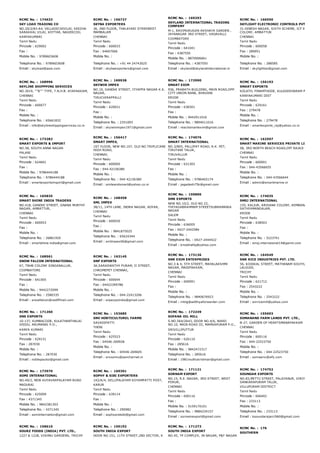 RCMC No. :  174633
SKY LOAD TRADING CO
NO.20/2/83­A4, VELLADICHIVILAI, KEEZHA
SARAKKAL VILAI, KOTTAR, NAGERCOIL
KANYAKUMARI
Tamil Nadu
Pincode : 629002
Fax :
Mobile No. : 9789603608
Telephone No. : 9789603608
Email : skyload@asia.com
RCMC No. :  156727
SKYBA EXPORTERS
36, 2ND FLOOR, THALAYARI STREEWEST
MAMBALAM
CHENNAI
Tamil Nadu
Pincode : 600033
Fax : 64607066
Mobile No. :
Telephone No. : +91 44 24743025
Email : skybaexporters@gmail.com
RCMC No. :  169293
SKYLAND INTERNATIONAL TRADING
COMPANY
M­1, RAVIMURUGAN AKSHAYA GARDEN ,
JAYANAGAR 3RD STREET, VADAVALLI
COIMBATORE
Tamil Nadu
Pincode : 641041
Fax : 4387550
Mobile No. : 8870006661
Telephone No. : 4387550
Email : skyland@skylandinternational.in
RCMC No. :  166550
SKYLIGHT ELECTRONIC CONTROLS PVT. LTD.
31­DINESH NAGAR, SIXTH SCHEME, ICF EMPLOYEES
COLONY, AMBATTUR
CHENNAI
Tamil Nadu
Pincode : 600058
Fax : 289951
Mobile No. :
Telephone No. : 288585
Email : skylightiso@gmail.com
RCMC No. :  168996
SKYLINE SHIPPPING SERVICES
NO.3019, ''''B'''' TYPE, T.N.H.B. AYAPAKKAM,
CHENNAI
Tamil Nadu
Pincode : 600077
Fax :
Mobile No. :
Telephone No. : 65661832
Email : info@skylineshippingservices.co.in
RCMC No. :  169938
SKYWIN IMPEX
NO.19, GANDHI STREET, IYYAPPA NAGAR K.K.
NAGAR,
TIRUCHIRAPPALLI
Tamil Nadu
Pincode : 620021
Fax :
Mobile No. :
Telephone No. : 2351093
Email : skywinimpex1971@gmail.com
RCMC No. :  172990
SMART EXIM
936, PRABATH BUILDING, MAIN ROAD,OPP.
CITY UNION BANK, BHAVANI
ERODE
Tamil Nadu
Pincode : 638301
Fax :
Mobile No. : 9442911016
Telephone No. : 9894011016
Email : reachsmartexim@gmail.com
RCMC No. :  156193
SMART EXPORTS
KOLATH, PINAMTHODE, KULASEKHARAM POST,
KANYAKUMARI DIST
Tamil Nadu
Pincode : 629161
Fax : 279478
Mobile No. :
Telephone No. : 279478
Email : smartexports_raj@yahoo.co.in
RCMC No. :  173282
SMART EXPORTS & IMPORT
NO.58, SOUTH ANNA NAGAR
PALANI
Tamil Nadu
Pincode : 624601
Fax :
Mobile No. : 9786444188
Telephone No. : 9786444188
Email : smartexportsimport@gmail.com
RCMC No. :  156417
SMART IMPEX,
1ST FLOOR, NEW NO.107, OLD NO.TRIPLICANE
HIGH ROAD,
CHENNAI.
Tamil Nadu
Pincode : 600005
Fax : 044­42156380
Mobile No. :
Telephone No. : 044 42156380
Email : smileandsmart@yahoo.co.in
RCMC No. :  174076
SMART INTERNATIONAL
NO.3/805, PALLIPAT ROAD, R.K. PET,
TIRUTANI TALUK,
TIRUVALLUR
Tamil Nadu
Pincode : 631303
Fax :
Mobile No. :
Telephone No. : 9786465174
Email : jagadesh75k@gmail.com
RCMC No. :  162597
SMART MARINE SERVICES PRIVATE LIMITED,
58, 3RD NORTH BEACH ROAD,OFF RAJAJI SALAI, 2N
CHENNAI
Tamil Nadu
Pincode : 600001
Fax : 044­43566655
Mobile No. :
Telephone No. : 044­43566644
Email : admin@smartmarine.in
RCMC No. :  165835
SMART SHINE INDIA TRADERS
NO.418, GANDHI STREET, GNANA MURTHY
NAGAR, AMBATTUR,
CHENNAI
Tamil Nadu
Pincode : 600053
Fax :
Mobile No. :
Telephone No. : 26861920
Email : smartshine.india@gmail.com
RCMC No. :  168458
SML IMPEX
38/11, 14TH LANE, INDRA NAGAR, ADYAR,
CHENNAI
Tamil Nadu
Pincode : 600020
Fax :
Mobile No. : 9841875025
Telephone No. : 65624344
Email : smlimpex06@gmail.com
RCMC No. :  150806
SMR EXPORTS
NEW NO.10/2, OLD NO.22,
THIYAGABRAHMAM STREETSUBRAMANIA
NAGAR
SALEM
Tamil Nadu
Pincode : 636005
Fax : 0427­2442584
Mobile No. :
Telephone No. : 0427­2444422
Email : kmdshafiq@yahoo.com
RCMC No. :  174035
SMSJ INTERNATIONAL
155, KALIUR, ARISANA COLONY, KEMBANAICKENPA
SATHYAMANGALAM,
ERODE
Tamil Nadu
Pincode : 638503
Fax :
Mobile No. :
Telephone No. : 5223741
Email : smsj.internaional14@gamil.com
RCMC No. :  168561
SNOW FALCON INTERNATIONAL
67, TNHB COLONY SINGANALLUR,
COIMBATORE
Tamil Nadu
Pincode : 641005
Fax :
Mobile No. : 9442272099
Telephone No. : 2580335
Email : snowfalcon@rediffmail.com
RCMC No. :  163145
SNP EXPORTS
3A,SARASWATHY PURAM, II STREET,
CHROMEPET CHENNAI,
Tamil Nadu
Pincode : 600044
Fax : 04422399786
Mobile No. :
Telephone No. : 044­22413206
Email : snpexpoindia@gmail.com
RCMC No. :  173136
SNR EXIM ENTERPRISES
NO.3 & 4, 5TH STREET, MAHALAKSHMI
NAGAR, MADIPAKKAM,
CHENNAI
Tamil Nadu
Pincode : 600091
Fax :
Mobile No. :
Telephone No. : 9840676923
Email : mktg@adithyaforwarder.com
RCMC No. :  164549
SNR RICE INDUSTRIES PVT. LTD.
56, KODIKAL STREET, MATHANAM SOUTH, POOVALU
LALGUDI,
TRICHY
Tamil Nadu
Pincode : 621712
Fax : 2543222
Mobile No. :
Telephone No. : 2543222
Email : snrricemill@yahoo.com
RCMC No. :  171260
SNS EXPORTS
10­137, KUMBACODE, KULATHANTHALAI
VEEDU, ARUMANAI P.O.,
KANYA KUMARI
Tamil Nadu
Pincode : 629151
Fax : 287030
Mobile No. :
Telephone No. : 287030
Email : noblepauloz@gmail.com
RCMC No. :  153685
SNV HORTICULTUREL FARMS
SAVADIPATTI
THENI
Tamil Nadu
Pincode : 625523
Fax : 04546­269928
Mobile No. :
Telephone No. : 04546­269605
Email : snvsomu@sancharnet.in
RCMC No. :  172249
SOFANA OIL MILL
S.NO.564/2A43, DOOR NO.4/6, WARD
NO.10, MAIN ROAD III, MAMSAPURAM P.O.,
SRIVILLIPUTTUR
Tamil Nadu
Pincode : 626110
Fax : 285616
Mobile No. : 9842472317
Telephone No. : 285616
Email : 1981muthukrishnan@gmail.com
RCMC No. :  155693
SOMANAND FARM LANDS PVT. LTD.,
B­27, GARDEN OF HEARTSMANAPAKKAM
CHENNAI
Tamil Nadu
Pincode : 600116
Fax : 044­22523750
Mobile No. :
Telephone No. : 044­22523750
Email : somaenv@sify.com
RCMC No. :  173970
SOMI INTERNATIONAL
NO.40/2, NEW KUYAVARPALAYAM ROAD
MADURAI
Tamil Nadu
Pincode : 625009
Fax : 4371345
Mobile No. : 9842381303
Telephone No. : 4371345
Email : somiinternation@gmail.com
RCMC No. :  169301
SOPHY & SIBI EXPORTERS
142/A/4, SELLIPALAYAM KOYAMPATTI POST,
KARUR
Tamil Nadu
Pincode : 639114
Fax :
Mobile No. :
Telephone No. : 290982
Email : sophyandsibi@gmail.com
RCMC No. :  171121
SORNAM EXPORT
NO.15, R.E. NAGAR, 3RD STREET, WEST
PORUR,
CHENNAI
Tamil Nadu
Pincode : 600116
Fax :
Mobile No. : 9159170101
Telephone No. : 9884234157
Email : sornamexport@gmail.com
RCMC No. :  174752
SOUNDAR EXPORTS
NO.83,METTU STREET, PALAYANUR, VIRIYUR POST,
SANKARAPURAM TALUK,
VILLUPURAM DISTRICT
Tamil Nadu
Pincode : 606402
Fax : 233113
Mobile No. :
Telephone No. : 233113
Email : ksoundarajan1960@gmail.com
RCMC No. :  158610
SOURZ FOODS (INDIA) PVT. LTD.,
1227 & 1228, VISHNU GARDENS, TRICHY
RCMC No. :  159192
SOUTH INDIA EXPORT
DOOR NO.151, 11TH STREET,2ND SECTOR, K
RCMC No. :  171273
SOUTH INDIA EXPORT
NO.45, TP COMPLEX, JN NAGAR, P&T NAGAR
RCMC No. :  176
SOUTHERN
 