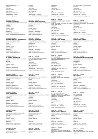 ROAD, VADAMADURAI P.O.,
DINDIGUL
Tamil Nadu
Pincode : 624802
Fax : 238133
Mobile No. : 9489064674
Telephone No. : 238188
Email : mani@sourz.in
K NAGAR,
CHENNAI
Tamil Nadu
Pincode : 600078
Fax : 23664780
Mobile No. :
Telephone No. : 23664780
Email : SOUTHASIAEXPORTS@VSNL.COM
MAIN ROAD,
MADURAI
Tamil Nadu
Pincode : 625017
Fax :
Mobile No. : 9444494386
Telephone No. : 2340953
Email : info@southindiaexport.com
220 , SOUTH MASI STREETMADURAI
MADURAI
Tamil Nadu
Pincode : 625001
Fax : 4372719
Mobile No. : 9894913568
Telephone No. : 2331499
Email : scagencieskamal@gmail.com
RCMC No. :  167895
SOUTHERN ENTERPRISES
1A, PRASAD STREET, SEETHAPATHY NAGAR,
VELACHERY,
CHENNAI
Tamil Nadu
Pincode : 600042
Fax : 22434885
Mobile No. :
Telephone No. : 22435974
Email : purchase@indiangarnetsand.com
RCMC No. :  164430
SOUTHERN GROUP OF EXPORTS
2/1, THIYAGARAYA GRAMANI STREET, NORTH
USMAN ROAD, T.NAGAR,
CHENNAI
Tamil Nadu
Pincode : 600017
Fax : 42694265
Mobile No. : 9884644040
Telephone No. : 244395
Email : rmsh555@gmail.com
RCMC No. :  165839
SOUTHERN HEALTH FOODS PRIVATE
LIMITED
AL­84, 1ST FLOOR, 4TH STREET, 11TH MAIN
ROAD, ANNA NAGAR
CHENNAI
Tamil Nadu
Pincode : 600040
Fax : 42612641
Mobile No. :
Telephone No. : 26286620
Email : mannafoodsindia@gmail.com
RCMC No. :  168578
SOUTHERN INDIA EXPORTS
23­B/205 PATHY GOUNDER THOTTAM GANAPATHY
COIMBATORE
Tamil Nadu
Pincode : 641006
Fax :
Mobile No. : 8608117607
Telephone No. : 2330166
Email : southernindiaexports@gmail.com
RCMC No. :  167825
SOUTHERN MINERALS AND ABRASIVES,
1/38­C, MALLAMOOPAMPATTI,
AYYEMPERUMALPATTY POST
SALEM
Tamil Nadu
Pincode : 636302
Fax : 2387808
Mobile No. :
Telephone No. : 2386401
Email : kkpsalem@gmail.com
RCMC No. :  171896
SOUTHERN TRADE LINK,
3/156, 1ST FLOOR, THIRUNAGAR,
THELICHATHANALLUR, PARAMAKUDI,
PARAMAKUDI
Tamil Nadu
Pincode : 623707
Fax :
Mobile No. : 9842425305
Telephone No. : 229375
Email : southerntlink@gmail.com
RCMC No. :  173527
SOUTHMAN GEMS IMPHEX
SF NO.445, D NO.8/A­1, SAMINATHAPURAM
2ND STREET, ANUPPARPALAYAM POST
TIRUPUR
Tamil Nadu
Pincode : 641652
Fax :
Mobile No. :
Telephone No. : 2473790
Email : southmangems@eth.net
RCMC No. :  156303
SOWRAG AGRO EXPORTS
NEW NO.15 (OLD NO.21C)SARADA COLLEGE RAOD,
VIVEKANAN
SALEM
Tamil Nadu
Pincode : 636007
Fax : 2311999
Mobile No. :
Telephone No. : 2311555
Email : sowrag3@yahoo.com
RCMC No. :  170751
SP EXPORTS AND IMPORTS
4/434­2, MOOVANDAR STREET THASILDAR
NAGAR,
MADURAI
Tamil Nadu
Pincode : 625020
Fax :
Mobile No. : 9994441164
Telephone No. : 4381164
Email : spexportsandimports@gmail.com
RCMC No. :  151449
SPAC TAPIOCA PRODUCTS (INDIA)
102,SHEIK DAWOOD STREET
ERODE
Tamil Nadu
Pincode : 638001
Fax : 09865450777
Mobile No. :
Telephone No. : 04256­257901
Email : factory@spacgroup.com
RCMC No. :  160504
SPARK EXPORTS
NO.275/3, SANGAM APARTMENT, BELLY
AREA,ANNA NAGAR (WEST),
CHENNAI,
Tamil Nadu
Pincode : 600040
Fax : 044 42711163
Mobile No. :
Telephone No. : 044 42611163 /
9994203039
Email : afiroz8@gmail.com
RCMC No. :  167982
SPARROW TAMARINA INTERNATIONAL
OLD NO.70, NEW NO.41, MUSLIM STREET, PAUPPARA
PENNAGARAM,
DHARMAPURI
Tamil Nadu
Pincode : 636809
Fax :
Mobile No. : 9629765998
Telephone No. : 9629765998
Email : sparrowtamarina@gmail.com
RCMC No. :  156971
SPAZEO IMPEX PRIVATE LIMITED
NEW NO.16, OLD NO.110, A.M.S.V. BUILDING,
1ST FLOOR, ARMENIAN STREET,
CHENNAI
Tamil Nadu
Pincode : 600001
Fax : 42358353
Mobile No. : 9940615177
Telephone No. : 42161719
Email : spazeoimpex@gmail.com
RCMC No. :  174108
SPB FABRICS
42/282A, CHINNAMUTHU, 3RD STREET,
EDAYANKATTU VALASU,
ERODE
Tamil Nadu
Pincode : 638011
Fax : 2411950
Mobile No. : 9865811919
Telephone No. : 2411950
Email : sekar.nagalingam@gmail.com
RCMC No. :  163322
SPEED SYSTEMS
NO.246­A, TRICHY ROAD,THURAIYUR,
TRICHY
Tamil Nadu
Pincode : 621010
Fax : +91­4328­220029
Mobile No. :
Telephone No. : 9843887766
Email : speed.ark@gmail.com
RCMC No. :  170558
SPG EXPORTS
NO. 4/195­H, RAJA KALIAMMAN KOIL STREET, JAGIR
AMMAPALAYAM,
SALEM
Tamil Nadu
Pincode : 636302
Fax :
Mobile No. : 9994448879
Telephone No. : 9994448879
Email : spgexports1978@gmail.com
RCMC No. :  167265
SPICELAND EXPORTS
48, APPACHI NAGAR, FIRST STREET, KONGU
MAIN ROAD,
TIRUPUR
Tamil Nadu
Pincode : 641607
Fax :
Mobile No. : 9790609499
Telephone No. : 3268090
Email : spicelandexports@hotmail.com
RCMC No. :  168653
SPICY INDIA
NO.2 MEENAKSHI PALACE, GOPAL STREET,
T.NAGAR,
CHENNAI
Tamil Nadu
Pincode : 600017
Fax :
Mobile No. :
Telephone No. : 24350266
Email : spicyindiavs@yahoo.com
RCMC No. :  170724
SPJ EXPORTS & IMPORTS
FLAT NO.5, BLOCK NO. C­2, DABC
ABHINAYAM PHASE­3, SRI RAM NAGAR
MAIN ROAD, NOLAMBUR,
CHENNAI
Tamil Nadu
Pincode : 600095
Fax :
Mobile No. : 9444976212
Telephone No. : 42665523
Email : spjexims@gmail.com
RCMC No. :  157104
SPK EXPORTERS
71/7, R.C.COLONY
MADURAI
Tamil Nadu
Pincode : 625002
Fax : 25327107
Mobile No. :
Telephone No. : 2532707
Email : spkexpo@yahoo.com
RCMC No. :  163624
SPM IMPEX
2/54A, SALUR KOLLA KOTTAI VILLAGE,
SEVATHUR POST,TIRUPATTUR,
VELLORE,
Tamil Nadu
Pincode : 635654
Fax : 04179 293555
Mobile No. :
Telephone No. : 09840425673
Email : spm_impex@ymail.com
RCMC No. :  172122
SPP INTERNATIONAL
NO.1B, VENUGOPALAPURAM
PAZHAVANTHANGAL
CHENNAI
Tamil Nadu
Pincode : 600114
Fax :
Mobile No. :
Telephone No. : 9841014928
Email : akprom@gmail.com
RCMC No. :  173044
SPRING FIELDS EXPORTERS
3 BY 651 AYYAPPA NAGAR KUNNATHUR
ROAD SULLIPALAYAM PO PERUNDURAI TK
ERODE
Tamil Nadu
Pincode : 638057
Fax :
Mobile No. : 9842390817
Telephone No. : 222469
Email : kpmanickam@yahoo.com
RCMC No. :  170275
SR AGRO EXPORT
SMAK COMPLEX, NO. 155/319, 4TH FLOOR, LINGHI C
STREET,
CHENNAI
Tamil Nadu
Pincode : 600001
Fax :
Mobile No. :
Telephone No. : 41271202
Email : sragro01@gmail.com
RCMC No. :  173085
SR AGRO NEEDS
NO.11/13, PACHAIYAPPAN STREET, INDIRA
NAGAR, NESSAPAKKAM,
RCMC No. :  160329
SR INDIA MARKETING
36/54, BHARATHIAR 2ND STREET,S.S.
COLONY,
RCMC No. :  164395
SRAVAN EXIM
NO.252/253, PLOT NO.1, MYLAI BALAJI
NAGAR, PALLIKARANAI, VELACHERY MAIN
ROAD,
RCMC No. :  170916
SRE RAM AND CO.,
NO.163, PALLADAM MAIN ROAD, PULIAMPATTI,
POLLACHI
 