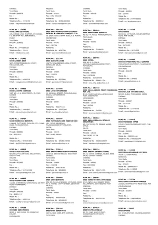 CHENNAI
Tamil Nadu
Pincode : 600078
Fax :
Mobile No. :
Telephone No. : 24716752
Email : sragroneeds@gmail.com
MADURAI
Tamil Nadu
Pincode : 625010
Fax : 0452 4353340
Mobile No. :
Telephone No. : 0452 2603032
Email : contact.india@srimi.com
CHENNAI
Tamil Nadu
Pincode : 600100
Fax :
Mobile No. :
Telephone No. : 65299018
Email : sravanexim@yahoo.com
Tamil Nadu
Pincode : 642002
Fax : 235445
Mobile No. :
Telephone No. : 9344755555
Email : src_ukg@yahoo.co.in
RCMC No. :  170783
SREE AMMAN EXPORTS
225, AMMAN KOVIL THOTTAM, VAVIKADAI,
K.C. PALAYAM P.O., PERUNDURAI,
ERODE
Tamil Nadu
Pincode : 638052
Fax :
Mobile No. : 9442689124
Telephone No. : 292121
Email : info@sramex.com
RCMC No. :  164798
SREE ANNAPOORNA GOWRISHANKAR
ESTATES & CONSTRUCTIONS PVT. LTD.
75, EAST AROKIASWAMY ROAD, R.S. PURAM,
COIMBATORE
Tamil Nadu
Pincode : 641002
Fax : 4367794
Mobile No. :
Telephone No. : 4367784
Email : poornamm@hotmail.com
RCMC No. :  164918
SREE ANNAPURNA EXPORTS
NO.56, P.H. ROAD, MANAVALANAGAR,
TIRUVALLUR
Tamil Nadu
Pincode : 602002
Fax :
Mobile No. :
Telephone No. : 27640839
Email : giriprasadrao@gmail.com
RCMC No. :  174703
SREE FOODS
NO.34/3A, 1ST FLOOR, GOLDEN COMPLEX 
ROAD, MKB NAGAR,
CHENNAI
Tamil Nadu
Pincode : 600013
Fax : 26731955
Mobile No. :
Telephone No. : 26731955
Email : chennaisreefoods@gmail.com
RCMC No. :  171492
SREE GANESH EXIM
NO.5, PONNIYAMMAN KOIL STREET,
PURASAIWALKAM,
CHENNAI
Tamil Nadu
Pincode : 600007
Fax :
Mobile No. :
Telephone No. : 42665536
Email : sreeganeshexim001@hotmail.com
RCMC No. :  171348
SREE GURU TRADERS
159/7B, RENGANAYAGI AMMAL STREET,
KAMARAJAR SALAI,
MADURAI
Tamil Nadu
Pincode : 625009
Fax : 2310131
Mobile No. :
Telephone No. : 2312366
Email : gurubabu1977@gmail.com
RCMC No. :  159786
SREE IMPEX,
NEW NO.9, OLD NO.6,
KATCHALISWARARGARDEN STREET,
MUTHIALPET,
CHENNAI
Tamil Nadu
Pincode : 600001
Fax : 42036104
Mobile No. : 9524285455
Telephone No. : 9444611704
Email : sree_imp_ex@yahoo.co.in
RCMC No. :  166995
SREE KARPAGAMBAL MILLS LIMITED
CHOLAPURAM SOUTH POST, RAJAPALAYAM
VIRUDHUNAGAR
Tamil Nadu
Pincode : 626139
Fax :
Mobile No. :
Telephone No. : 284652
Email : james@halidon.co.in
RCMC No. :  164855
SREE LAKSHMI AGENCIES
FLAT NO.1, K.V. APARTMENTS, 35, POES
GARDEN
CHENNAI
Tamil Nadu
Pincode : 600086
Fax :
Mobile No. :
Telephone No. : 24993807
Email : rajrajeshwaran@gmail.com
RCMC No. :  171806
SREE LIYA ENTERPRISES
13, RAMANAR STREET, THIRUMURUGAN
NAGAR, CHITLAPAKKAM,
CHENNAI
Tamil Nadu
Pincode : 600064
Fax :
Mobile No. : 9566761117
Telephone No. : 22237389
Email : sreeliyaa@gmail.com
RCMC No. :  152710
SREE MAHALAKSHMI FRUIT PROCESSING
PVT. LTD.
B.R.G. MADEPALLI (VILLAGE)BARAGUR
POST, DHARMAPURI
KRISHNAGIRI
Tamil Nadu
Pincode : 635104
Fax : 265590
Mobile No. :
Telephone No. : 265590
Email : sreemahalakshmi@yahoo.com
RCMC No. :  158069
SREE MALACA INTERNATIONAL
NO.145, ALWAR THIRUNAGAR ANNEX
CHENNAI
Tamil Nadu
Pincode : 600087
Fax : 23770316
Mobile No. :
Telephone No. : 23770316
Email : smintrl@yahoo.com
RCMC No. :  168767
SREE MEENAKSHI EXPORTS
CANARA, PLOT NO.42, DOOR NO.17/1, CANAL
ROAD, THIRUVANMIYUR,
CHENNAI
Tamil Nadu
Pincode : 600041
Fax : 42014101
Mobile No. :
Telephone No. : 9840291853
Email : gtv20032001@yahoo.co.in
RCMC No. :  155506
SREE MUTHUKUMARAN MODERN RICE
142, ERODE MAIN ROAD,
POLAVAKKGOBICHETTIPALAYAM,
ERODE,
Tamil Nadu
Pincode : 638476
Fax : 04285­246565
Mobile No. :
Telephone No. : 04285­246565
Email : smkmrm@yahoo.co.in
RCMC No. :  161022
SREE NARRAYANAGIRI STARCH
INDUSTRIES
NO.159, OLD NO.72, GANDHI NAGAR,
ATTUR,
SALEM,
Tamil Nadu
Pincode : 636102
Fax : 04282 241358
Mobile No. :
Telephone No. : 04282 325044
Email : kandasamy.kn@gmail.com
RCMC No. :  168817
SREE POONKODI IMPEX
2/916­2, MARUTHUPANDIAR STREET, THASILDAR NA
MADURAI
Tamil Nadu
Pincode : 625020
Fax : 210080
Mobile No. : 9003521144
Telephone No. : 9003521144
Email : veerabagu1010@gmail.com
RCMC No. :  168816
SREE SAAI ASSOCIATE
NO.290/J, PAKKAM ROAD, KALLUR POST,
GUDIYATTAM,
VELLORE
Tamil Nadu
Pincode : 632602
Fax :
Mobile No. :
Telephone No. : 9047123452
Email : saisurya1978@gmail.com
RCMC No. :  170614
SREE SANTHANAMARI ENTERPRISES
13/H/3/3, BRIYANT NAGAR, 3RD STREET
(MIDDLE),
TUTICORIN
Tamil Nadu
Pincode : 628008
Fax : 2310358
Mobile No. : 9789148765
Telephone No. : 2310358
Email : paramtkm@yahoo.in
RCMC No. :  169234
SREE SASTHA INTERNATIONAL
NO.15, RAHEJA COMPLEX, NO.834, ANNA
SALAI, Chennai ­ 600002.
CHENNAI
Tamil Nadu
Pincode : 600002
Fax : 28471554
Mobile No. :
Telephone No. : 9841711555
Email : sree.sastha.international@gmail.com
RCMC No. :  154553
SREE SELLANDIAMMAN RICE MILL
142/B­11, SALEM ROAD,
NAMAKKAL
Tamil Nadu
Pincode : 637001
Fax : 276525
Mobile No. : 9944920077
Telephone No. : 276525
Email : sellandiamman1995@gmail.com
RCMC No. :  168855
SREE SUDHARSANA EXPORTS
12/193, JAWAHARLAL NEHRU ROAD, 100 FEET
ROAD ARUMBAKKAM,
CHENNAI
Tamil Nadu
Pincode : 600106
Fax : 42801113
Mobile No. :
Telephone No. : 42801114
Email : ssudharsanaexports@gmail.com
RCMC No. :  169869
SREE VARU EXPORTS
NEW NO.216 (OLD NO.226), 1ST FLOOR, DOOR
NO.5, THAMBU CHETTY STREET, (NEAR SNT
PALACE)
CHENNAI
Tamil Nadu
Pincode : 600001
Fax :
Mobile No. : 9600092606
Telephone No. : 42160639
Email : sreevaruexports@gmail.com
RCMC No. :  168481
SREE VENKATESWARA OVERSEAS
5/119, NESAVALAR COLONY ROAD,
NALLAMPATTY, ADIYANOOTHU POST
DINDIGUL
Tamil Nadu
Pincode : 624003
Fax :
Mobile No. :
Telephone No. : 9952355781
Email :
sreevenkateswaraoverseas@gmail.com
RCMC No. :  170739
SREE VISALAKSHI ENTERPRISES
2/203/8, ARUPPUKOTTAI MAIN ROAD, PERIYAVALLIK
VIRUDHUNAGAR
Tamil Nadu
Pincode : 626004
Fax :
Mobile No. :
Telephone No. : 9965568206
Email : gemiscecreams@yahoo.co.in
RCMC No. :  164198
SREEDEV AGRO FOODS
NO.69 A, 2ND CROSS, CO­OPERATIVE
COLONY,
KRISHNAGIRI
RCMC No. :  158184
SREENITHI EXPORTERS
267/16, WGC ROAD, KTM COMPLEX,
TUTICORIN
RCMC No. :  174528
SREEYUK TRADING LLP
NO.35, PANDI KOVIL STREET,
SOODAMANIPURAM SOUTH,
KARAIKUDI
RCMC No. :  70097
SRG EXPORTS
NO. 54 VELAYUTHAM COLONYALIGRAMAM
CHENNAI
 
