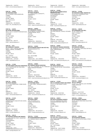 Telephone No. : 23620722
Email : srimukuntaexports@gmail.co
Telephone No. : 291012
Email : shrimurugaexports@gmail.com
Telephone No. : 52024657
Email : sadanand@hotmail.com
Telephone No. : 9840146486
Email : srimuruganexim@yahoo.com
RCMC No. :  160563
SRI MURUGAN STORE
NO.33, SAIDAPET ROAD,VADAPALANI,
CHENNAI
Tamil Nadu
Pincode : 600026
Fax : 04423723272
Mobile No. :
Telephone No. : 09710002501
Email : shiv_shan30@yahoo.com
RCMC No. :  165101
SRI NAGA COCONUTS
7/7, GANDHI NAGAR, GOPALPATTY,
VEMPARPATTY
DINDIGUL
Tamil Nadu
Pincode : 624303
Fax :
Mobile No. :
Telephone No. : 2559222
Email : nagacoconuts@rediffmail.com
RCMC No. :  155580
SRI NALLAPULLIAMMAN HITECH
MODERN RICE MILL
13, KA. MAMANANDAL ROAD,
KALLAKURICHI,
VILLUPURAM
Tamil Nadu
Pincode : 606202
Fax :
Mobile No. :
Telephone No. : 222202
Email : ksubramani27@yahoo.com
RCMC No. :  157280
SRI NARIVIZHI AMBAL MODERN RIC
KALLUR POST,THIRUMAYAM TALUK
PUDUKKOTTAI DIST
Tamil Nadu
Pincode : 622209
Fax : 245306
Mobile No. :
Telephone No. : 245306
Email : lakesh2kk@yahoo.com
RCMC No. :  156782
SRI OLIMA INTERNATIONAL
985­A, T.N.H.B. COLONYETTAYAPURAM ROAD
TUTICORIN
Tamil Nadu
Pincode : 628002
Fax : 2347430
Mobile No. :
Telephone No. : 6591770
Email : sogchem@dataone.in
RCMC No. :  166003
SRI OMGANESHA TRADES
NO.54, NABIGAL N AYAGAM STREET,
KUMARAN NAGAR, ARCOT,
VELLORE
Tamil Nadu
Pincode : 632503
Fax :
Mobile No. :
Telephone No. : 9965295169
Email : sriomganeshaa@gmail.com
RCMC No. :  172744
SRI OVERSEAS EXPORT
1/56, NEAR MANTHAI, ATHALAI, POTHUMPU
PO.,
MADURAI
Tamil Nadu
Pincode : 625018
Fax :
Mobile No. : 9944118485
Telephone No. : 9944118485
Email : srioverseasexport@gmail.com
RCMC No. :  158239
SRI PADMANABA RICE MILL
NO.285, GANDHI ROAD,
ARNI, T V M DIST,
Tamil Nadu
Pincode : 632601
Fax : 226327
Mobile No. :
Telephone No. : 226327
Email : jayarajbabur@gmail.com
RCMC No. :  1971
SRI PADMAVATI TRADERS
BLOCK ­J, NO.91, PERIYAR VEGETABLE
MARKET COMPLEX, KOYAMBEDU,
CHENNAI
Tamil Nadu
Pincode : 600107
Fax : 24796265
Mobile No. : 0944422598
Telephone No. : 24792265
Email : sptspt90@hotmail.com
RCMC No. :  154964
SRI PALANIAPPA BOILER AND RICE MILL
MELAKALKANDARKOTTAI,
TRICHY
Tamil Nadu
Pincode : 620011
Fax : 04312410886
Mobile No. :
Telephone No. : 0431­2446853
Email : RAMKUMARVAIRAVAN@YAHOO.CO.IN
RCMC No. :  165981
SRI PARVATHE TRADING EXPORTERS
486, SHENBAGAM 1ST STREET, 6TH MAIN
ROAD, GOMATHIPURAM,
MADURAI
Tamil Nadu
Pincode : 625020
Fax :
Mobile No. :
Telephone No. : 9366105050
Email : kparvatheexporters@yahoo.com
RCMC No. :  167108
SRI PARVATHI EXPORTS
4A, IOB COLONY, CAMP ROAD, MILTON HOUSE, SEL
EAST TAMBARAM
CHENNAI
Tamil Nadu
Pincode : 600073
Fax : 42612160
Mobile No. :
Telephone No. : 9444211158
Email : sriparvathiexports.dhanas@gmail.com
RCMC No. :  171095
SRI PON SANKAR AGRO RICE INDUSTRIES
1 C1/1, RAJAPALAYAM, BYE PASS ROAD,
SRIVILLIPUTHUR
Tamil Nadu
Pincode : 626125
Fax :
Mobile No. :
Telephone No. : 260798
Email : vrsskannan@yahoo.com
RCMC No. :  169803
SRI PONMANI INDIAN EXPORTERS
D.NO. 26­A, KUPPAMMAL LAY OUT, MODACHUR
ROAD, GOBICHETTIPALAYAM,
ERODE
Tamil Nadu
Pincode : 638476
Fax :
Mobile No. : 9842635964
Telephone No. : 9842635964
Email : sriponmaniindianexporters@gmail.com
RCMC No. :  164233
SRI POOJA TRADER & CO.,
NO.239, PERIYAR PATHAI, CHOOLAIMEDU,
CHENNAI
Tamil Nadu
Pincode : 600094
Fax :
Mobile No. :
Telephone No. : 23611819
Email : sripoojatraderco@yahoo.com
RCMC No. :  174129
SRI PRIYA EXPORTS
1/242 A EAST STREET PERIAGOUNDAPURAM
POST,KARIPATTI VIA
SALEM
Tamil Nadu
Pincode : 636106
Fax :
Mobile No. :
Telephone No. : 8220286237
Email : sripriyaexports@gamil.com
RCMC No. :  164644
SRI PRIYA TRADERS
19­P­2, SALEM MAIN ROAD, CHINNA SALEM,
VILLUPURAM
Tamil Nadu
Pincode : 606201
Fax :
Mobile No. :
Telephone No. : 236114
Email : sripriyatraders@gmail.com
RCMC No. :  173037
SRI PRIYANKA IMPEX
42, PARK STREET, SANJEEVIRAYANPET,
SALEM
Tamil Nadu
Pincode : 636006
Fax : 2464947
Mobile No. : 9487746610
Telephone No. : 2466168
Email : sripriyankaimpex@gmail.com
RCMC No. :  170799
SRI R K LAKSHMIS EXPORT AND IMPORT
47/129, H­2, NEW MARKET STREET,
ARIYALUR
Tamil Nadu
Pincode : 621704
Fax : 2331322
Mobile No. :
Telephone No. : 9655073081
Email : srirklakshmi@gmail.com
RCMC No. :  169503
SRI R.K. EXPORTS
OLD NO.1/121, NEW NO.1/234, PAZHANDI AMMAN 
STREET, NAVALLUR
CHENNAI
Tamil Nadu
Pincode : 603103
Fax :
Mobile No. : 8122172109
Telephone No. : 8122172109
Email : sri.rkexports@gmail.com
RCMC No. :  171443
SRI R.V.EXPORTS
VEMBADITHALAM X ROAD OPP.GHS SCHOOL ,
KAKAPALAYAM
SALEM
Tamil Nadu
Pincode : 637504
Fax :
Mobile No. : 9361666387
Telephone No. : 2496386
Email : srirvfabric@gmail.com
RCMC No. :  160063
SRI RAAGU IMPEX
18/9, VTH STREET, P.T.C.
COLONY,THIRUVANMIYUR,
CHENNAI
Tamil Nadu
Pincode : 600041
Fax : 044 24333274
Mobile No. :
Telephone No. : 044 24333274
Email : sriraaguimpex@yahoo.com
RCMC No. :  165974
SRI RAAJA RAJESWARI EXPORTS
NO.5/31/A, ANBUNAYAGAM STREET,
VIJAYALAKSHMIPURAM, AMBATTUR
CHENNAI
Tamil Nadu
Pincode : 600053
Fax :
Mobile No. :
Telephone No. : 49522559
Email : srrexports73@gmail.com
RCMC No. :  170561
SRI RAGAVENDRA TRADERS
961/D4, SATTUR MAIN ROAD VELAYUTHAPURAM,
KOVILPATTI
TUTICORIN
Tamil Nadu
Pincode : 628501
Fax :
Mobile No. :
Telephone No. : 232251
Email : balaki5000@gmail.com
RCMC No. :  160114
SRI RAGHAVA EXPORTS AND IMPORTS
# 11/2/06, PERIYAR STREET, VASANTHAM
NAGAR,POLUR,
TIRUVANNAMALAI,
Tamil Nadu
Pincode : 606803
Fax : 04181 224748
Mobile No. :
Telephone No. : 04181
224748/09786045423/09445141453
Email : kvpragava@yahoo.com
RCMC No. :  172253
SRI RAGHAVENDHIRAR INDUSTRIES
C­6, THAMARAI NAGAR, KAJAMALAI,
TRICHY
Tamil Nadu
Pincode : 620023
Fax :
Mobile No. : 9003639284
Telephone No. : 8883036344
Email : t2tamizhini386@gmail.com
RCMC No. :  153177
SRI RAJA VALLI INTERNATIONAL
2/99, AGASTHILINGAMPALAYAMKOVAI
ROAD, KANGAYAM
ERODE
Tamil Nadu
Pincode : 638701
Fax : ­4257­220589
Mobile No. :
Telephone No. : 04257­220589
Email : srirajavali@yahoo.co.in
RCMC No. :  164023
SRI RAJASTHAN TRADERS
NO.10, AYALUR MUTHIA MUDALI STREET, KONDITHO
CHENNAI
Tamil Nadu
Pincode : 600001
Fax : 42018633
Mobile No. :
Telephone No. : 65156897
Email : srirajasthantraders@gmail.com
 