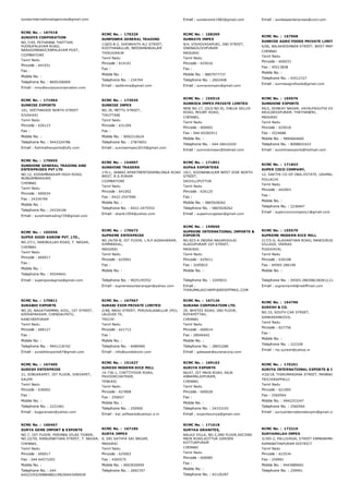 sundarinternationalagencies@gmail.com Email : sundaramk1982@gmail.com Email : sundeepenterprises@vsnl.com
RCMC No. :  167518
SUNJOYS CORPORATION
NO.7/49, PETHANNA THOTTAM,
PUDHUPALAYAM ROAD,
NARASIMANAICENPALAYAM POST,
COIMBATORE
Tamil Nadu
Pincode : 641031
Fax :
Mobile No. :
Telephone No. : 8695206969
Email : nroy@sunjoyscorporation.com
RCMC No. :  170329
SUNPOWER GENERAL TRADING
118/D­8­2, SHOWKATH ALI STREET,
KOOTHANALLUR, NEEDAMANGALAM
THIRUVARUR
Tamil Nadu
Pincode : 614101
Fax :
Mobile No. :
Telephone No. : 234704
Email : sadiknma@gmail.com
RCMC No. :  168269
SUNRAYS IMPEX
9/4, VISHUVASAPURI, 2ND STREET,
GNANAOLIVUPURAM
MADURAI
Tamil Nadu
Pincode : 625016
Fax :
Mobile No. : 8807077737
Telephone No. : 2602408
Email : sunraysimpex@gmail.com
RCMC No. :  167968
SUNRISE AGRO FOODS PRIVATE LIMITED
6/66, BALAKRISHNAN STREET, WEST MAMBALAM,
CHENNAI
Tamil Nadu
Pincode : 600033
Fax : 45513838
Mobile No. :
Telephone No. : 45512727
Email : sunriseagrofoods@gmail.com
RCMC No. :  171964
SUNRISE EXPORTS
101, SEETHAKADI NORTH STREET
SIVAKASI
Tamil Nadu
Pincode : 626123
Fax :
Mobile No. :
Telephone No. : 9443324786
Email : Rahmathexports@sify.com
RCMC No. :  173035
SUNRISE IMPEX
NO.34, METTU STREET,
TIRUTTANI
Tamil Nadu
Pincode : 631209
Fax :
Mobile No. : 9092210624
Telephone No. : 27874051
Email : sunriseimpex2014@gmail.com
RCMC No. :  155510
SUNROCK IMPEX PRIVATE LIMITED
NEW NO.17, (OLD NO.9), OWLIA SELLIS
ROAD, MOUNT ROAD,
CHENNAI,
Tamil Nadu
Pincode : 600002
Fax : 044­65282911
Mobile No. :
Telephone No. : 044­28410320
Email : sunrockimpex@hotmail.com
RCMC No. :  165976
SUNSHINE EXPORTS
94/2, DONKAY NAGAR, VAYALPAGUTHI EXTENSION,
ARULDASSPURAM, THATHANERI,
MADURAI
Tamil Nadu
Pincode : 625018
Fax : 2524686
Mobile No. : 9894664660
Telephone No. : 8098832423
Email : sunshineexports@hotmail.com
RCMC No. :  170955
SUNSHINE GENERAL TRADING AND
ENTERPRISES PVT LTD
NO.12, KODAMBAKKAM HIGH ROAD,
NUNGAMBAKKAM,
CHENNAI
Tamil Nadu
Pincode : 600034
Fax : 24334799
Mobile No. :
Telephone No. : 24339106
Email : sunshinetrading729@gmail.com
RCMC No. :  154097
SUNSHINE TRADERS
176­L, JANAKI APARTMENTSRAMALINGA ROAD
WEST, R.S.PURAM
COIMBATORE
Tamil Nadu
Pincode : 641002
Fax : 0422­2547996
Mobile No. :
Telephone No. : 0422­2475552
Email : shank1954@yahoo.com
RCMC No. :  171851
SUPAA EXPORTERS
10/1, KOONANKULAM WEST SIDE NORTH
STREET,
SRIVILLIPUTTUR
Tamil Nadu
Pincode : 626125
Fax :
Mobile No. : 9865928262
Telephone No. : 9865928262
Email : supamurugesan@gmail.com
RCMC No. :  171843
SUPER COCO COMPANY,
12, SAKTHI CO­OP.INDL.ESTATE, UDUMALPET ROAD
POLLACHI
Tamil Nadu
Pincode : 642003
Fax :
Mobile No. :
Telephone No. : 2236947
Email : supercococompany1@gmail.com
RCMC No. :  165556
SUPER GOOD AGROW PVT. LTD.,
NO.27/1, HABIBULLAH ROAD, T. NAGAR,
CHENNAI
Tamil Nadu
Pincode : 600017
Fax :
Mobile No. :
Telephone No. : 45544041
Email : supergoodagrow@gmail.com
RCMC No. :  170673
SUPREME ENTERPRISE
NO.24/59­B, IST FLOOR, L.N.P.AGRAHARAM,
SIMMAKKAL,
MADURAI
Tamil Nadu
Pincode : 625001
Fax :
Mobile No. :
Telephone No. : 9025145552
Email : supremesundararajan@yahoo.com
RCMC No. :  159050
SUPREME INTERNATIONAL IMPORTS &
EXPORTS
NO.823­A INDIRA NAGARSOLAI
ALAGUPURAM 1ST STREET,
MADURAI
Tamil Nadu
Pincode : 625011
Fax : 3295833
Mobile No. :
Telephone No. : 3295833
Email :
THIRUMALAICHAMY@REDIFFMAIL.COM
RCMC No. :  155579
SUPREME MODERN RICE MILL
217/5­D, ALAVANTHAN ROAD, MANISIRUSAKKAVAY
VILLAGE, VEERAS
PUDUVAYAL
Tamil Nadu
Pincode : 630108
Fax : 04565­286190
Mobile No. :
Telephone No. : 04565­286508/282812,Cell:94431
Email : suprememill@rediffmail.com
RCMC No. :  170811
SURABHI EXPORTS
NO.20, NAGATHAMMAL KOIL, 1ST STREET,
KEERAPAKKAM, CHENGALPATU,
KANCHEEPURAM
Tamil Nadu
Pincode : 600127
Fax :
Mobile No. :
Telephone No. : 9941218742
Email : surabhiexports67@gmail.com
RCMC No. :  167967
SURABI EXIM PRIVATE LIMITED
2/48, NADU STREET, PERUVALANALLUR (PO),
LALGUDI TK,
TRICHY
Tamil Nadu
Pincode : 621712
Fax :
Mobile No. :
Telephone No. : 6480990
Email : info@surabiexim.com
RCMC No. :  167126
SURANA CORPORATION LTD.
29, WHITES ROAD, 2ND FLOOR,
ROYAPETTAH,
CHENNAI
Tamil Nadu
Pincode : 600014
Fax : 28546442
Mobile No. :
Telephone No. : 28653286
Email : gdeepak@suranacorp.com
RCMC No. :  164796
SURESH & CO.
NO.33, SOUTH CAR STREET,
SANKARANKOVIL
Tamil Nadu
Pincode : 627756
Fax :
Mobile No. :
Telephone No. : 222328
Email : rsc.suresh@yahoo.in
RCMC No. :  167405
SURESH ENTERPRISE
21, SINGARAPET, IST FLOOR, SHEVAPET,
SALEM
Tamil Nadu
Pincode : 636002
Fax :
Mobile No. :
Telephone No. : 2221061
Email : bugpraveen@yahoo.com
RCMC No. :  151627
SURESH MODERN RICE MILL
14­736­1, CHETTIYOOR ROAD,
PAVOORCHATRAM,
TENKASI
Tamil Nadu
Pincode : 627808
Fax : 250657
Mobile No. :
Telephone No. : 250900
Email : kal_software@yahooc.o.in
RCMC No. :  169162
SURIYA EXPORTS
66/47, IST MAIN ROAD, RAJA
ANNAMALAIPURAM,
CHENNAI
Tamil Nadu
Pincode : 600028
Fax :
Mobile No. :
Telephone No. : 24333193
Email : exportssuriya@gmail.com
RCMC No. :  170251
SURIYA INTERNATIONAL EXPORTS & IMPORTS
#20/18, THIRUMANJANA STREET, MANNACHANALLUR
TRICHIRAPPALLI
Tamil Nadu
Pincode : 621005
Fax : 2560564
Mobile No. : 9942253247
Telephone No. : 2560564
Email : suriyainternationalexpim@gmail.com
RCMC No. :  160467
SURYA GEMS IMPORT & EXPORTS
NO.7, 1ST FLOOR, PERINBA VILAS TOWER,
NO.22/59, RANGANATHAN STREET, T. NAGAR,
CHENNAI,
Tamil Nadu
Pincode : 600017
Fax : 044 64573355
Mobile No. :
Telephone No. : 044
64523355/09884883199/09443490939
RCMC No. :  167185
SURYA IMPEX
9, SRI SATHYA SAI NAGAR,
MADURAI
Tamil Nadu
Pincode : 625003
Fax : 4365575
Mobile No. : 9003930959
Telephone No. : 2692707
RCMC No. :  171618
SURYAA GRANITES,
BALAJI VILLA, NO.2,2ND FLOOR,SECOND
MAIN ROAD,KOTTUR GARDEN
KOTTURPURAM
CHENNAI
Tamil Nadu
Pincode : 600085
Fax :
Mobile No. :
Telephone No. : 42126287
RCMC No. :  173319
SURYAMALAH IMPEX
3/345­2, PALLIVASAL STREET ENMANAMKONDAM,UC
RAMANATHAPURAM DISTRICT
Tamil Nadu
Pincode : 623534
Fax : 259991
Mobile No. : 9443989001
Telephone No. : 259991
 