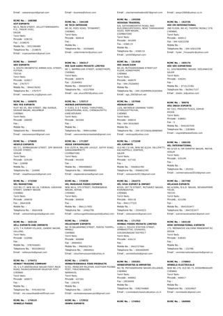 Email : vatsanexport@gmail.com Email : business@vbros.com Email : vbschennaitraders007@gmail.com Email : asopri2000@yahoo.co.in
RCMC No. :  168388
VCP EXPORTS
NO.9, MAIN STREET, VELLOTTAMPARAPPU
P.O., PASUR (VIA),
ERODE
Tamil Nadu
Pincode : 638154
Fax : 2338070
Mobile No. : 9551590489
Telephone No. : 2338070
Email : vcpexportskm@gmail.com
RCMC No. :  164166
VE TECH INTERIOR
NO.50, POES ROAD, TEYNAMPET,
CHENNAI
Tamil Nadu
Pincode : 600018
Fax :
Mobile No. :
Telephone No. : 24356665
Email : vetechinterior@yahoo.com
RCMC No. :  159206
VEDHIKA TRADERS,
9/6, SATHYAMOORTHY ROAD, RED
BUILDING(UPSTAIRS), NEAR THARAKARAM
SILKS, RAM NAGAR,
COIMBATORE
Tamil Nadu
Pincode : 641009
Fax : 4368119
Mobile No. :
Telephone No. : 4368119
Email : jckk65@gmail.com
RCMC No. :  162736
VEE EM INTERNATIONAL
2ND FLOOR, NO.43, THOPPAI MUDALI STREET, ROYA
CHENNAI,
Tamil Nadu
Pincode : 600013
Fax : 044 42632358
Mobile No. :
Telephone No. : 044 42632358
Email : hyder_7muasafar@yahoo.com
RCMC No. :  164447
VEE EXPORTS
4, SOUTH DROWPATHI AMMAN KOIL STREET,
PUTHUR,
TRICHY
Tamil Nadu
Pincode : 620017
Fax : 2767577
Mobile No. : 9944278292
Telephone No. : 2767577
Email : veeexports.zvg@gmail.com
RCMC No. :  166317
VEE GUN AGRO PRIVATE LIMITED
NO.1, NAMMALVAR STREET, KONDITHOPE,
CHENNAI
Tamil Nadu
Pincode : 600079
Fax : 25204093
Mobile No. : 9940659787
Telephone No. : 43237958
Email : vee_shun2003@yahoo.com
RCMC No. :  151929
VEE SHUN EXIM
NO.20, MUTHUKRISHNAN STREET1ST
FLOOR, KONDITHOPE
CHENNAI
Tamil Nadu
Pincode : 600079
Fax : 044­25204093
Mobile No. :
Telephone No. : 044­25209099/25203504
Email : sgs_2003@vsnl.net
RCMC No. :  169174
VEE VEE EXPORTERS
61, GOVINDAMMAL NAGAR, SEELANAICKEN PATTY,
SALEM
Tamil Nadu
Pincode : 636201
Fax :
Mobile No. : 9715133381
Telephone No. : 9629617157
Email : shabir_si@yahoo.com
RCMC No. :  165875
VEE YES EXPORTS
PLOT NO.55, 3RD STREET, 2ND AVENUE,
SRIRAM NAGAR, NOLAMBUR
CHENNAI
Tamil Nadu
Pincode : 600095
Fax :
Mobile No. :
Telephone No. : 9444405926
Email : veeyesexport@gmail.com
RCMC No. :  170717
VEENUS ENTERPRISES
# 7/203, G S T ROAD, THIRUTHERI,
SINGAPERUMAL KOIL, CHENGALPATTU
KANCHIPURAM
Tamil Nadu
Pincode : 603204
Fax :
Mobile No. :
Telephone No. : 9994142966
Email : veenusenterprisesbala@gmail.com
RCMC No. :  157566
VEERAN EXIM
12/6, NATARAJA GRAMANI THIRD
STHIRUVOTTRIYUR,
CHENNAI
Tamil Nadu
Pincode : 600019
Fax : 044­39163665
Mobile No. :
Telephone No. : 044­25733626/28485969
Email : venkupp@yahoo.com
RCMC No. :  30076
VEG INDIA EXPORTS
NO 53/2, PRAVISH PLAZA, KARUR
ERODE
Tamil Nadu
Pincode : 638001
Fax : 0
Mobile No. : 9442207539
Telephone No. : 2283846
Email : vegnet@tasteefoods.com
RCMC No. :  174830
VEGFLO EXPORTS
NO.3­C, SEMBADAVAR STREET, OPP WEAVER
COLONY STREET,
HOSUR
Tamil Nadu
Pincode : 635109
Fax : 224090
Mobile No. :
Telephone No. : 224090
Email : vegafloexports@gmail.com
RCMC No. :  171307
VEGIE ENTERPRISES
8­B­15/55­A, NALVAR LAYOUT, SATHY ROAD,
SARAVANAMPATTI
COIMBATORE
Tamil Nadu
Pincode : 641035
Fax :
Mobile No. : 9994908002
Telephone No. : 9994908002
Email : vegieenterprise@gmail.com
RCMC No. :  172248
VEL EXPORTS
OLD NO.13/146, NEW NO.6/224, PALLIPATTI,
KACHUPPALLI, EDAPADI,
SALEM
Tamil Nadu
Pincode : 637102
Fax :
Mobile No. : 9566832785
Telephone No. : 9566832785
Email : velexports2013@gmail.com
RCMC No. :  168155
VEL INTERNATIONAL
NO.5/325 A, OM SHANTHI NAGAR, MATHAM ROAD,
HOSUR
Tamil Nadu
Pincode : 635109
Fax :
Mobile No. :
Telephone No. : 291032
Email : velinternational2010@gmail.com
RCMC No. :  172350
VEL MARKETING
OLD NO.17, NEW NO.18, CHENGAL VARAYAN
STREET, SHENOY NAGAR
CHENNAI
Tamil Nadu
Pincode : 600030
Fax : 26641838
Mobile No. :
Telephone No. : 26641838
Email : velmarketingindia@gmail.com
RCMC No. :  172539
VEL MURUGAN FOODS EXPORTS
NEW NO.6, 5TH STREET, PADMANABHA
NAGAR, ADYAR,
CHENNAI
Tamil Nadu
Pincode : 600020
Fax :
Mobile No. : 9841217955
Telephone No. : 24462790
Email : velmuruganfoodsexports@yahoo.com
RCMC No. :  164372
VEL SIVA EXPORT & IMPORT
8/520, 207 TH STREET, MUTHAMIZ NAGAR,
KODUNGAIYUR,
CHENNAI
Tamil Nadu
Pincode : 600118
Fax : 9941177325
Mobile No. :
Telephone No. : 25542023
Email : velsivaexim@gmail.com
RCMC No. :  167700
VELAVAN EXPORTS
NO.4/209A, M.G.R. NAGAR, DEVARAPPAMPATTI, THU
TALUK,
TRICHY
Tamil Nadu
Pincode : 621206
Fax :
Mobile No. : 9943353477
Telephone No. : 9943353477
Email : subramaniansellam@gmail.com
RCMC No. :  163116
VELL EXPORTS AND IMPORTS
3/33, T.K.PURAM VILLAGE, GANDHI NAGAR,
VELLORE,
Tamil Nadu
Pincode : 632006
Fax :
Mobile No. : 9787456691
Telephone No. : 9043289322
Email : vellexports@gmail.com
RCMC No. :  174024
VELUCHAMY EXPORTS
NO 35 BALARAMAN STREET, PERIYA THOPPU,
MANALI
CHENNAI
Tamil Nadu
Pincode : 600068
Fax : 29004922
Mobile No. : 9965062764
Telephone No. : 29004922
Email : veluchamyexports@yahoo.in
RCMC No. :  171753
VEMBAI FOODS PRIVATE LIMITED
1/263­1, POLICE STATION STREET,
VEMBAKOTTAI, SIVAKASI,
VIRUDHUNAGAR DISTRICT
Tamil Nadu
Pincode : 626131
Fax :
Mobile No. : 9443727566
Telephone No. : 4565400059
Email : vembaifoods@gmail.com
RCMC No. :  164120
VENI INTERNATIONAL EXPORTS
175, MEENAKSHI KALYANA MANDAPAM ROAD, BHAV
ERODE
Tamil Nadu
Pincode : 638301
Fax :
Mobile No. :
Telephone No. : 232786
Email : veniinternationalexports@gmail.com
RCMC No. :  174472
VENKAT TRADING COMPANY
34, V G P SREENIVASA NAGAR FIRST MAIN
ROAD, RAJAKILAPAKKAM SELAIYUR POST
CHENNAI
Tamil Nadu
Pincode : 600073
Fax :
Mobile No. :
Telephone No. : 9791405750
Email : ms.vasanthae@rediffmail.com
RCMC No. :  174572
VENKATESWARAA FOOD PRODUCTS
9/351, MANICAM PALAYAM, KOOTHAM POONDI
POST, TIRUCHENGODE,
NAMAKKAL
Tamil Nadu
Pincode : 637201
Fax : 230370
Mobile No. :
Telephone No. : 230370
Email : venkateswaraaexport@gmail.com
RCMC No. :  159201
VENKEXPORTSS & IMPORTSS
NO.78, PRIYADARSHINI NAGAR,VELLANUR,
CHENNAI
Tamil Nadu
Pincode : 600062
Fax : 29036949
Mobile No. :
Telephone No. : 9382744869
Email : vvenkateshchandru@yahoo.co.in
RCMC No. :  170863
VENNILA ELECTRICALS
NEW NO.179, OLD NO.73, KODAMBAKKAM HIGH, T. 
CHENNAI
Tamil Nadu
Pincode : 600017
Fax :
Mobile No. :
Telephone No. : 42024607
Email : vennilaelec@gmail.com
RCMC No. :  174519
VENNILA FOODS
RCMC No. :  172932
VENPA EXPORTS
RCMC No. :  174961 RCMC No. :  160985
 