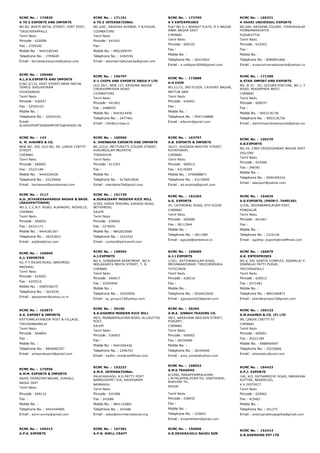 RCMC No. :  174829
A TO Z EXPORTS AND IMPORTS
NO.83, WHITE BETAL STREET, FORT POST,
TIRUCHIRAPPALLI
Tamil Nadu
Pincode : 620008
Fax : 2705340
Mobile No. : 9443185340
Telephone No. : 2709649
Email : bkrishatozexports@yahoo.com
RCMC No. :  171151
A TO Z INTERNATIONAL
NO.2/6C, RADHIKA AVENUE, P.N.PUDUR,
COIMBATORE
Tamil Nadu
Pincode : 641041
Fax :
Mobile No. : 9952209797
Telephone No. : 2454536
Email : atozinternationalcbe@gmail.com
RCMC No. :  173790
A V ENTERPRISES
FLAT NO D­1 BHARAT FLATS, R V NAGAR
ANNA NAGAR EAST
CHENNAI
Tamil Nadu
Pincode : 600102
Fax :
Mobile No. :
Telephone No. : 26223663
Email : a.vellayan3006@gmail.com
RCMC No. :  169231
A VAARI UNIVERSAL EXPORTS
NO.644, ARISANA COLONY, THIRUKKALAMBUR,
PONNAMARAVATHI
PUDUKOTTAI
Tamil Nadu
Pincode : 622403
Fax :
Mobile No. :
Telephone No. : 8489891666
Email : avaariuniversalexports@yahool.com
RCMC No. :  159480
A,L.S.K.EXPORTS AND IMPORTS
D.NO.2/114, EAST STREET,NEAR MATHA
TEMPLE SHOLAPURAM
SIVAGANGAI
Tamil Nadu
Pincode : 630557
Fax : 32554103
Mobile No. :
Telephone No. : 32554103
Email :
ALSKEXPORTSANDIMPORTS@YAHOO.IN
RCMC No. :  156797
A­1 CHIPS AND EXPORTS INDIA P LTD
OLD 29/1, NEW 127, KRISHNA NAGAR
CHOKKAMPUDUR ROAD
COIMBATORE
Tamil Nadu
Pincode : 641001
Fax : 2488055
Mobile No. : 9443014456
Telephone No. : 2477461
Email : info@a1chips.in
RCMC No. :  172888
A­9 EXIM
NO.21/73, 3RD FLOOR, CAUVERY NAGAR,
METTUR DAM
Tamil Nadu
Pincode : 636401
Fax :
Mobile No. :
Telephone No. : 9597148888
Email : a9exim@gmail.com
RCMC No. :  171398
A­STAR IMPORT AND EXPORTS
NO.­B III ­ B2, GOLDEN FORTUNE, NO.1, NOLAMBUR
ROAD, MUGAPPAIR WEST,
CHENNAI
Tamil Nadu
Pincode : 600037
Fax :
Mobile No. : 9003136736
Telephone No. : 9003136736
Email : starimmportandexports@gmail.com
RCMC No. :  143
A. M. AHAMED & CO.
NEW NO. 205, OLD NO. 99, LINGHI CHETTY
STREET
CHENNAI
Tamil Nadu
Pincode : 600001
Fax : 25221184
Mobile No. : 9444226428
Telephone No. : 25230066
Email : hochennai@amahamed.com
RCMC No. :  165966
A. SHENBAHA EXPORTS AND IMPORTS
NO.2/212, METTUPATTI COLONY STREET,
KURUNGULAM MELPATHI
THANJAVUR
Tamil Nadu
Pincode : 613303
Fax :
Mobile No. :
Telephone No. : 9176053836
Email : shenbaha76@gmail.com
RCMC No. :  163797
A.B. EXPORTS & IMPORTS
34/27, HUSSAIN MASITRY STREET,
ROYAPURAM,
CHENNAI
Tamil Nadu
Pincode : 600013
Fax : 43135095
Mobile No. : 9790988871
Telephone No. : 43135095
Email : ab.expimp@gmail.com
RCMC No. :  150270
A.B.EXPORTS
NO.24, 23RD CROSSGANDHI NAGAR EAST,
VELLORE
Tamil Nadu
Pincode : 632006
Fax : 248781
Mobile No. :
Telephone No. : 9994309316
Email : abexport@yahoo.com
RCMC No. :  2117
A.D. JEYAVEERAPANDIA NADAR & BROS.
(NAGAPATTINAM)
NO.5, C.C.B.F. ROAD, ALAMADHI, REDHILLS,
CHENNAI
Tamil Nadu
Pincode : 600052
Fax : 26321171
Mobile No. : 9444381567
Telephone No. : 26323833
Email : adj@adjbros.com
RCMC No. :  151729
A.DURAISAMY MODERN RICE MILL
4/354, KARIA PERUMAL KARADU ROAD,
NETHIMEDU,
SALEM
Tamil Nadu
Pincode : 636002
Fax : 2270031
Mobile No. : 9842833068
Telephone No. : 2222432
Email : contact@adricemill.com
RCMC No. :  162264
A.G. EXPORTS
34, CATHEDRAL ROAD, 6TH FLOOR
CHENNAI
Tamil Nadu
Pincode : 600086
Fax : 28112944
Mobile No. :
Telephone No. : 2811389
Email : agsyed@airtelmail.in
RCMC No. :  154025
A.G.EXPORTS, (PROP:T. TAMILSEL
3/236, DEVANAMPALAYAM POST,
PONGALUR
Tamil Nadu
Pincode : 641667
Fax :
Mobile No. :
Telephone No. : 2316136
Email : agothai_exports@rediffmail.com
RCMC No. :  156969
A.J. EXPORTER
42, P.T.RAJAN ROAD, NARIMEDU
MADURAI
Tamil Nadu
Pincode : 625002
Fax : 4255516
Mobile No. : 9585558275
Telephone No. : 3024534
Email : ajexporter@yahoo.co.in
RCMC No. :  158594
A.J.EXPORTS
NO.4, SUNDARAM APARTMENT, NO.9
NEELAKANTA MEHTA STREET, T. N
CHENNAI
Tamil Nadu
Pincode : 600017
Fax : 32455956
Mobile No. :
Telephone No. : 32455956
Email : aj_group123@yahoo.com
RCMC No. :  169685
A.J.J EXPORTS
1/351, SATTHANKULAM ROAD,
MEIGNANAPURAM, TIRUCHENDURm
TUTICORIN
Tamil Nadu
Pincode : 628210
Fax :
Mobile No. :
Telephone No. : 9524633920
Email : ajjexports52@gmail.com
RCMC No. :  166879
A.K. ENTERPRISES
NO.4, SRI SANTHI COMPLEX, EDAMALAI PATTI ROAD
EDAMALAI PATTI PUDUR,
TRICHIRAPALLI
Tamil Nadu
Pincode : 620012
Fax : 2471481
Mobile No. :
Telephone No. : 9842284873
Email : akenterprises15@gmail.com
RCMC No. :  163873
A.K. EXPORT & IMPORTS
KATTUMALAYANOOR POST & VILLAGE,
TIRUVANNAMALAI
Tamil Nadu
Pincode : 604804
Fax :
Mobile No. :
Telephone No. : 9840682357
Email : aimportexport@gmail.com
RCMC No. :  30100
A.K.AHAMED MODERN RICE MILL
40/2, MANNARPALAYAM ROAD, ALLIKUTTAI
POST,
SALEM
Tamil Nadu
Pincode : 636003
Fax :
Mobile No. : 9443306436
Telephone No. : 2296703
Email : kadhir_rice@rediffmail.com
RCMC No. :  30265
A.M.A. JINNAH TRADING CO.
49/2, NARAYANA NAICKEN STREET,
PUDUPET,
CHENNAI
Tamil Nadu
Pincode : 600002
Fax : 28194069
Mobile No. :
Telephone No. : 28194069
Email : ama_jinnah@yahoo.com
RCMC No. :  150123
A.M.AHAMED & CO. (P) LTD
99, LINGHI CHETTY ST
CHENNAI
Tamil Nadu
Pincode : 600001
Fax : 25221184
Mobile No. : 0988409997
Telephone No. : 25230066
Email : ahamedco@vsnl.com
RCMC No. :  173956
A.M.M. EXPORTS & IMPORTS
49/69, ERANIYAN NAGAR, SIRKALI,
NAGAI DIST
Tamil Nadu
Pincode : 609110
Fax :
Mobile No. :
Telephone No. : 9443444085
Email : amm.eximp@gmail.com
RCMC No. :  153227
A.M.R. INTERNATIONAL
PALAYAKKADU, A.G.PATTY POST
NAMAGIRIPET VIA, RASIPURAM
NAMAKKAL
Tamil Nadu
Pincode : 637406
Fax : 241686
Mobile No. : 9841143861
Telephone No. : 241686
Email : sales@amrinternational.org
RCMC No. :  168552
A.M.S TRADERS
6/339A, MARAPPAMPALAYAM,
L.M.PALAPPALAYAM PO, ODATHURAI,
BHAVANI TK,
ERODE
Tamil Nadu
Pincode : 638455
Fax :
Mobile No. :
Telephone No. : 225893
Email : amsenthilam@gmail.com
RCMC No. :  164433
A.P.J. EXPORTS
146, A/2, EATHAMOZHY ROAD, MARAVANKUDIERUPP
KOTTAR, NAGERCOIL,
K K DISTRICT
Tamil Nadu
Pincode : 629002
Fax : 425462
Mobile No. :
Telephone No. : 261375
Email : antonyprabhujegatha@gmail.com
RCMC No. :  169313
A.P.K. EXPORTS
RCMC No. :  167381
A.P.N. SHELL CRAFT
RCMC No. :  156606
A.R.DEVARAJULU NAIDU SON
RCMC No. :  152414
A.R.GHERKINS PVT LTD
 