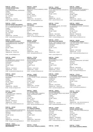 RCMC No. :  159101
CORNONA INTERNATIONAL
1/37, BHARATHIYAR
STREET,MOOVARASAMPET, MADIPAKKAM
CHENNAI
Tamil Nadu
Pincode : 600091
Fax : 43579974
Mobile No. :
Telephone No. : 43579974
Email : ILANGOSOFT@YAHOO.COM
RCMC No. :  155325
COSMOS EXPORT
NEW NO.128, OLD NO.43,MANDAVELI STREET,
MANDAVELI,
CHENNAI,
Tamil Nadu
Pincode : 600028
Fax : 044­24620755
Mobile No. :
Telephone No. : 044­24620755
Email : cosmosxports@yahoo.com
RCMC No. :  165565
CPJ OVERSEAS EXPORTS
15/105, SAMATHANAPURAM, KOVALAM P.O.,
KANYAKUMARI
Tamil Nadu
Pincode : 629701
Fax :
Mobile No. :
Telephone No. : 2551776
Email : cpjexports@yahoo.com
RCMC No. :  159064
CREATIVE ENTERPRRISE
NO.8, GROUND FLOOR SRI OM DENTAL CLINIC
BUILDINGPOONDURAI, NADARMEDU
ERODE
Tamil Nadu
Pincode : 638002
Fax : 2280291
Mobile No. :
Telephone No. : 2281614
Email : CREANT@REDIFFMAIL.COM
RCMC No. :  174673
CREATIVE EXPORTS AND IMPORTS
NO 18, F3, GOLDEN APARTMENTS, EAST RAJA
ST, T.V.S.NAGAR MAIN ROAD, PADI
CHENNAI
Tamil Nadu
Pincode : 600050
Fax : 26541608
Mobile No. :
Telephone No. : 26541608
Email : ceo@creativeexportimport.com
RCMC No. :  170354
CRM EXPORTS
1/3, S.R.LAYOUT, PALLADAM ROAD,
POLLACHI
Tamil Nadu
Pincode : 642002
Fax :
Mobile No. : 8754440797
Telephone No. : 235722
Email : crm.international@yahoo.com
RCMC No. :  173324
CRM TRADERS
NO.46,CHOWDRY NAGAR, 19TH STREET
VALASARAVAKKAM
CHENNAI
Tamil Nadu
Pincode : 600087
Fax :
Mobile No. : 9941052807
Telephone No. : 26491665
Email : crmtraders46@gmail.com
RCMC No. :  168553
CROSSBORD ENTERPRISES
16, THIRUMOORTHY NAGAR, SAMUNDIPURAM, 15,
VELAMPALAYAM,
TIRUPUR
Tamil Nadu
Pincode : 641603
Fax : 6522167
Mobile No. : 9095062166
Telephone No. : 6522167
Email : dilipkumarvs@hotmail.com
RCMC No. :  170406
CROWN AGENCIES & EXPORTS
76, ARTHANARIPALAYAM, VELLIYANKADU,
VEERANAMPALAYAM POST, KANGEYAM
TIRUPUR
Tamil Nadu
Pincode : 638701
Fax :
Mobile No. : 8344413766
Telephone No. : 8344413766
Email : tamillove94@gmail.com
RCMC No. :  157234
CRYSTAL GARDEN,
19, THEPPAKULAM STREET,
POLLACHI
Tamil Nadu
Pincode : 642001
Fax : 226483
Mobile No. :
Telephone No. : 222161
Email : sethupati@rediffmail.com
RCMC No. :  167974
CSM EXPORTS AND IMPORTS
NO.60C­2, NORTH MANGUDY STREET,
KORADACHERY, KODAVASAL TALUK,
THIRUVARUR
Tamil Nadu
Pincode : 613703
Fax :
Mobile No. :
Telephone No. : 232647
Email : csmexim@gmail.com
RCMC No. :  166198
CT INTERNATIONAL EXPORTS
1/680, EAST VALASAI STREET, PAMBAN, RAMESWAR
RAMANATHAPURAM
Tamil Nadu
Pincode : 623521
Fax :
Mobile No. : 9487544083
Telephone No. : 231165
Email : ctinternationalexport@gmail.com
RCMC No. :  169925
CTS EXPORTS
2/3, SECOND STREET, BHARATHI NAGAR,
ALAGAPPAPURAM, KARAIKUDI
SIVAGANGAI
Tamil Nadu
Pincode : 630003
Fax :
Mobile No. : 9443304221
Telephone No. : 225378
Email : somasundaramc46@gmail.com
RCMC No. :  173710
CURRYLEAFS.COM
NO.27,1ST STREET, PONNAMMAL
GARDENS,KARAMADAI
COIMBATORE
Tamil Nadu
Pincode : 641104
Fax :
Mobile No. : 8122514644
Telephone No. : 225644
Email : curryleafs.2014@gmail.com
RCMC No. :  164654
CURSOR IMPEX
NO.24, BHARATHIYAR STREET,
KOSAPALAYAM,
ARNI
Tamil Nadu
Pincode : 632301
Fax :
Mobile No. : 8903883323
Telephone No. : 223323
Email : signme89@yahoo.in
RCMC No. :  172014
D K EXPORTS
2/102, POTTAYAMPALAYAM, THOTTAMPATTI POST,
UDUMALPET
Tamil Nadu
Pincode : 642205
Fax :
Mobile No. : 9843256360
Telephone No. : 9843256360
Email : dineshppm0704@gmail.com
RCMC No. :  166319
D K R TRADERS
OLD NO.8/2, NEW NO.38, APPIER LANE,
ROYAPURAM,
CHENNAI
Tamil Nadu
Pincode : 600013
Fax : 25963564
Mobile No. :
Telephone No. : 25963564
Email : dkrajan_alh1@gmail.com
RCMC No. :  164857
D L INTERNATIONAL
3, V.O.C. COLONY, II STREET, AMINJIKARAI,
CHENNAI
Tamil Nadu
Pincode : 600029
Fax : 23740589
Mobile No. :
Telephone No. : 23744365
Email : dhana@sify.com
RCMC No. :  170586
D. RAJ EXPORTS
72, INDRA NAGAR, GOKULAM COLONY,
P.N.PUDUR POST,
COIMBATORE
Tamil Nadu
Pincode : 641041
Fax :
Mobile No. : 9442576462
Telephone No. : 9994643436
Email : kasoradurairaj@gmail.com
RCMC No. :  174118
D. SARAVANAN TRADERS
NO 10, NATESAN STREET, MANNARGUDI,
THIRUVARUR DISTRICT
Tamil Nadu
Pincode : 614001
Fax :
Mobile No. :
Telephone No. : 222554
Email : venus2009mannal@yahoo.in
RCMC No. :  164832
D.C. EXPORTS
7, MAHAVEER STREET, VANDAVASI,
THIRUVANNAMALAI
Tamil Nadu
Pincode : 604408
Fax : 225292
Mobile No. : 9842081914
Telephone No. : 225292
Email : dd.chandrasekaran@yahoo.com
RCMC No. :  166876
D.D. INTERNATIONAL
NO.2/2­A, ANNAI STREET, GANAPATHY
NAGAR, ALLAPPAKKAM, PORUR,
CHENNAI
Tamil Nadu
Pincode : 600116
Fax : 24768919
Mobile No. : 9500036200
Telephone No. : 24768919
Email : dharshanvijay99@yahoo.com
RCMC No. :  168156
D.G.R.INTERNATIONAL
PLOT NO.3, REDDIAR NAGAR, BALAJI NAGAR
EXTN., KORATTUR
CHENNAI
Tamil Nadu
Pincode : 600076
Fax :
Mobile No. :
Telephone No. : 26510959
Email : eastwestshipping@yahoo.com
RCMC No. :  157735
D.J.K. AGENCIES
151, V.E.ROAD,
TUTICORIN,
Tamil Nadu
Pincode : 628001
Fax : 0461 2339185
Mobile No. :
Telephone No. : 0461 6451635/92446 22635
Email : ttn_kumardj@yahoo.co.in
RCMC No. :  164782
D.K.T. EXPORTS
# 70­A, SANARPALAYAM, KULANTHANKADU,
SELUR P.O., PARAMATHI­VELUR (TK)
NAMAKKAL
Tamil Nadu
Pincode : 637208
Fax :
Mobile No. :
Telephone No. : 9943910384
Email : thangavel_arumugam@yahoo.in
RCMC No. :  164742
D.R. EXPORTS & IMPORTS
NO.30, PERUMAL KOIL STREET,
MADHIRAVEDU, THIRUVERKADU,
CHENNAI
Tamil Nadu
Pincode : 600077
Fax :
Mobile No. :
Telephone No. : 9962673878
Email : dilliexpo@gmail.com
RCMC No. :  153393
D.T. ENTERPRISES
166/A, GREAT COTTON ROAD
TUTICORIN
Tamil Nadu
Pincode : 628003
Fax : 2325201
Mobile No. : 9894656160
Telephone No. : 4001661
Email : ravi@rajaramagencies.com
RCMC No. :  157649
DAARSEL INTERNATIONAL
NO.5C5, JENNE PLAZA, BHARATHIYAR SALAI,
TRICHY
Tamil Nadu
Pincode : 620001
Fax : 2402251
Mobile No. : 9791880654
Telephone No. : 2417402
Email : daarsel@bsnl.in
RCMC No. :  161811
DAFFODILS EXPORTERS AND
MERCHANDISERS
RCMC No. :  170150
DAILY & DAILY IMPORTS & EXPORTS RCMC No. :  167588
RCMC No. :  173682
DAILY FRESH EXPORTS & IMPORTS
 