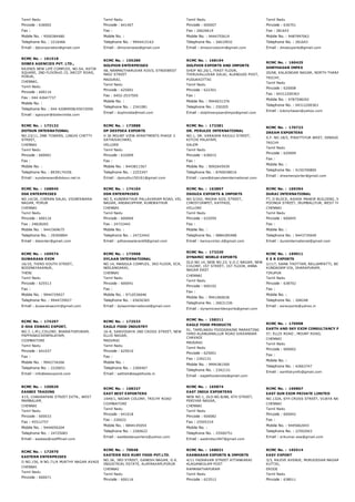 Tamil Nadu
Pincode : 636002
Fax :
Mobile No. : 9500384480
Telephone No. : 2216466
Email : djtcorporation@gmail.com
Tamil Nadu
Pincode : 641407
Fax :
Mobile No. :
Telephone No. : 9944415163
Email : dlmoverseas@gmail.com
Tamil Nadu
Pincode : 600007
Fax : 26626619
Mobile No. : 9444755619
Telephone No. : 26610932
Email : dmsourceexim@gmail.com
Tamil Nadu
Pincode : 636701
Fax : 281643
Mobile No. : 9487997063
Telephone No. : 281643
Email : dmaexports@gmail.com
RCMC No. :  161518
DOBEX AGENCIES PVT. LTD.,
RAJINIS NEW LIFE COMPLEX, NO.S4, ASTIR
SQUARE, 2ND FLOORnO.15, ARCOT ROAD,
PORUR,
CHENNAI,
Tamil Nadu
Pincode : 600116
Fax : 044 42647737
Mobile No. :
Telephone No. : 044 42084958/45072056
Email : sgsiyyar@dobexindia.com
RCMC No. :  155280
DOLPHIN ENTERPRISES
48, NANMAITHARUVAR KOVIL STREEWEST
MASI STREET
MADURAI,
Tamil Nadu
Pincode : 625001
Fax : 0452­2537505
Mobile No. :
Telephone No. : 2341081
Email : dophinidia@mail.com
RCMC No. :  168194
DOLPHIN EXPORTS AND IMPORTS
SHOP NO.20/1, FIRST FLOOR,
THIRUVALLUVAR SALAI, ALANGUDI POST,
PUDUKKOTTAI
Tamil Nadu
Pincode : 622301
Fax :
Mobile No. : 9944031376
Telephone No. : 250205
Email : dolphinexpoandimpo@gmail.com
RCMC No. :  160425
DONYHASAN IMPEX
20/68, KALAINGAR NAGAR, NORTH THARANALLUR,
TRICHY,
Tamil Nadu
Pincode : 620008
Fax : 04312200363
Mobile No. : 9787598292
Telephone No. : 04312200363
Email : kdonyhasan@yahoo.com
RCMC No. :  173132
DOTSUN INTERNATIONAL
NO.23/11, DNR TOWERS, LINGHI CHETTY
STREET,
CHENNAI
Tamil Nadu
Pincode : 600001
Fax :
Mobile No. :
Telephone No. : 8939174356
Email : sundaresan@dotsun.net.in
RCMC No. :  173888
DP DEEPSEA EXPORTS
H 36 MOUNT VIEW APARTMENTS PHASE 3
SATHUVACHARI,
VELLORE
Tamil Nadu
Pincode : 632009
Fax :
Mobile No. : 9443811567
Telephone No. : 2253347
Email : dpmuthu150161@gmail.com
RCMC No. :  172381
DR. PERULEE INTERNATIONAL
NO.1, DR. VARADHA RAJULU STREET,
KITCHI PALAYAM,
SALEM
Tamil Nadu
Pincode : 636015
Fax :
Mobile No. : 9092645939
Telephone No. : 8760038016
Email : care@drperuleeinternational.com
RCMC No. :  170723
DREAM EXPORTERS
S.F. NO.18/5, PIRATTIYUR WEST, DINDUGAL ROAD,
TRICHY
Tamil Nadu
Pincode : 620009
Fax :
Mobile No. :
Telephone No. : 9150700800
Email : dreamexporter@gmail.com
RCMC No. :  168945
DSK ENTERPRISES
NO.14/2A, CHERAN SALAI, VIGNESWARA
NAGAR, PORUR
CHENNAI
Tamil Nadu
Pincode : 600116
Fax : 24828265
Mobile No. : 9443369675
Telephone No. : 29300894
Email : dskenter@gmail.com
RCMC No. :  174164
DSN ENTERPRISES
NO 5, KUNDRATHUR PALLAVARAM ROAD, VEL
NAGAR, ANDAKUPPAM, KUNDRATHUR
CHENNAI
Tamil Nadu
Pincode : 600069
Fax : 24722442
Mobile No. :
Telephone No. : 24722442
Email : pdhanaselaran69@gmail.com
RCMC No. :  163897
DSOUZA EXPORTS & IMPORTS
NO.5/242, MADHA KOIL STREET,
CHRISTIANPET, KATPADI,
VELLORE
Tamil Nadu
Pincode : 632059
Fax :
Mobile No. :
Telephone No. : 9884285488
Email : bennyvictor.d@gmail.com
RCMC No. :  169394
DURAI INTERNATIONAL
F7, D BLOCK, ASHOK MANOR BUILDING, NO.2, TAMI
POONGA STREET, IRUMBALIYUR, WEST TAMBARAM
CHENNAI
Tamil Nadu
Pincode : 600045
Fax :
Mobile No. :
Telephone No. : 9443735649
Email : duraiinternational@gmail.com
RCMC No. :  169574
DUWARAKA EXIM
16/10, THIRD SOUTH STREET,
BODINAYAKANUR,
THENI
Tamil Nadu
Pincode : 625513
Fax :
Mobile No. : 9944729927
Telephone No. : 9944729927
Email : duwarakaexim@gmail.com
RCMC No. :  173968
DYLAAN INTERNATIONAL
NO.14, MANJULA COMPLEX, 3RD FLOOR, ECR,
NEELANGARAI,
CHENNAI
Tamil Nadu
Pincode : 600041
Fax :
Mobile No. : 9710536646
Telephone No. : 65656365
Email : dylaaninternational@gmail.com
RCMC No. :  173230
DYNAMIC WORLD EXPORTS
OLD NO.14, NEW NO.23, V.O.C NAGAR, NEW
COLONY, 1ST STREET, 1ST FLOOR, ANNA
NAGAR EAST
CHENNAI
Tamil Nadu
Pincode : 600102
Fax :
Mobile No. : 9941060636
Telephone No. : 26631336
Email : dynamicworldexports@gmail.com
RCMC No. :  169011
E S R EXPORTS
2/117, SAMA THOTTAM, BELLAMPATTI, BELLAMPATT
KUNDADAM VIA, DHARAPURAM,
TIRUPUR
Tamil Nadu
Pincode : 638702
Fax :
Mobile No. :
Telephone No. : 268248
Email : esrexports@yahoo.in
RCMC No. :  174297
E­SHA ESWARI EXPORT,
NO.7, L.M.L.COLONY, BHARATHIPURAM,
PAPPANAICKENPALAYAM,
COIMBATORE
Tamil Nadu
Pincode : 641037
Fax :
Mobile No. : 9942734266
Telephone No. : 2220651
Email : info@eeexpoind.com
RCMC No. :  172533
EAGLE FOOD INDUSTRY
16­A, SARVODAYA 2ND CROSS STREET, NEW
ELLIS NAGAR,
MADURAI
Tamil Nadu
Pincode : 625010
Fax :
Mobile No. :
Telephone No. : 2300407
Email : sathish@eaglefoods.in
RCMC No. :  158211
EAGLE FOOD PRODUCTS
91, TAMILNADU FOODGRAINS MARKETING
YARD ALANGANALLUR ROAD SIKKANDAR
CHAVADI
MADURAI
Tamil Nadu
Pincode : 625001
Fax : 2342131
Mobile No. : 9994381500
Telephone No. : 2342131
Email : eaglefoodsindia@gmail.com
RCMC No. :  170908
EARTH AND SKY EXIM CONSULTANCY PVT. LTD.,
57, ELLIS ROAD , MOUNT ROAD,
CHENNAI
Tamil Nadu
Pincode : 600002
Fax :
Mobile No. :
Telephone No. : 42663747
Email : earthskyinfo@gmail.com
RCMC No. :  150020
EASBEE TRADING
#15, CHAKRAPANI STREET EXTN., WEST
MAMBALAM,
CHENNAI
Tamil Nadu
Pincode : 600033
Fax : 45512757
Mobile No. : 9444050204
Telephone No. : 24725083
Email : easbee@rediffmail.com
RCMC No. :  168327
EAST BEST EXPORTERS
1449/1, NADAR COLONY, TRICHY ROAD
COIMBATORE
Tamil Nadu
Pincode : 641018
Fax : 226022
Mobile No. : 9894145054
Telephone No. : 2260622
Email : eastbestexporters@yahoo.com
RCMC No. :  165874
EAST INDIA EXPORTERS
NEW NO.1, OLD NO.B/88, 6TH STREET,
PERIYAR NAGAR,
CHENNAI
Tamil Nadu
Pincode : 600082
Fax : 25505319
Mobile No. :
Telephone No. : 25500751
Email : eastindia1947@gmail.com
RCMC No. :  169867
EAST SUN EXIM PRIVATE LIMITED
NO.132A, 6TH CROSS STREET, VIJAYA NAGAR, VELA
CHENNAI
Tamil Nadu
Pincode : 600042
Fax :
Mobile No. : 9445662043
Telephone No. : 22592043
Email : srikumar.ese@gmail.com
RCMC No. :  172970
EASTERN ENTERPRISES
O NO.156, N NO.71/A MURTHY NAGAR AVADI
CHENNAI
Tamil Nadu
Pincode : 600071
RCMC No. :  70048
EASTERN RED RUBY FOOD PVT.LTD.
NO.3A, 3RD STREET, GANESH NAGAR, G.K.
INDUSTRIAL ESTATE, ALAPAKKAM,PORUR
CHENNAI
Tamil Nadu
Pincode : 600116
RCMC No. :  168031
EASWARAN EXPORTS & IMPORTS
4/11 YADHAVAR STREET ATTANKARAI
ALAGANKULAM POST
RAMANATHAPURAM
Tamil Nadu
Pincode : 623512
RCMC No. :  165514
EASY EXPORT
3/3, RAJIVE AVENUE, MURUGESAN NAGAR, KUMALA
KUTTAI,
ERODE
Tamil Nadu
Pincode : 638011
 