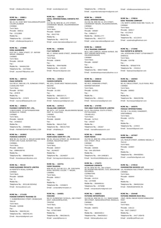 Email : info@exoflorindia.com Email : exotiic@gmail.com Telephone No. : 27992156
Email : expointernationalprimo@gmail.com
Email : info@exponentialexports.com
RCMC No. :  158811
EXPORT EXPERTS
NO.10, A4, VIJAY NEST BUILDINGKUPPUSAMY
COLONY,ALANDUR
CHENNAI
Tamil Nadu
Pincode : 600016
Fax : 22322800
Mobile No. :
Telephone No. : 22322800
Email : info@exportexperts.in
RCMC No. :  166134
EXTAL INTERNATIONAL EXPORTS PVT.
LTD.,
OLD NO.58, NEW NO.10, 6TH STREET,
CHOWDHURY NAGAR, VALSARAWAKKAM
CHENNAI
Tamil Nadu
Pincode : 600087
Fax : 40437740
Mobile No. :
Telephone No. : 49437778
Email : extal.international@gmail.com
RCMC No. :  155635
EXTAL INTERNATIONAL,
OLD NO.58, NEW NO.10, 6TH STREET,
CHOWDHURY NAGAR, VALASARAVAKKAM,
CHENNAI
Tamil Nadu
Pincode : 600087
Fax : 24866317
Mobile No. : 8939911777
Telephone No. : 40437777
Email : extal.international@gmail.com
RCMC No. :  170816
EZEE TRADING COMPANY
178, NORTH USMAN ROAD BBC PLAZA, III FLOOR, T
CHENNAI
Tamil Nadu
Pincode : 600017
Fax : 42122615
Mobile No. :
Telephone No. : 42122415
Email : ezeetrading@hotmail.com
RCMC No. :  173858
EZRA GARMENTS
PLOT NO.1, PARK STREET, ST. ANTONY
NAGAR, ANNANUR
CHENNAI
Tamil Nadu
Pincode : 600109
Fax :
Mobile No. : 9444041509
Telephone No. : 26370668
Email : asuresh79@yahoo.com
RCMC No. :  163826
F & F EXPORTS
NO.17, SEERA SAHIB STREET, DHARAPURAM,
TIRUPPUR
Tamil Nadu
Pincode : 638656
Fax :
Mobile No. : 9944766996
Telephone No. : 222105
Email : ffexports1@gmail.com
RCMC No. :  168645
F & S TRADING COMPANY
NO.6, GBD COMPLEX, RADHA AVENUE, SRI
DEVI GARDEN MAIN ROAD,
VALASARAVAKKAM,
CHENNAI
Tamil Nadu
Pincode : 600087
Fax :
Mobile No. :
Telephone No. : 9840774858
Email : fandstradingcompany@yahoo.co.in
RCMC No. :  172596
FAA EXPORTS & IMPORTS
14A, AZEESKHAN STREET SITHAYANKOTTAI,
DINDIGUL
Tamil Nadu
Pincode : 624708
Fax :
Mobile No. : 8056657476
Telephone No. : 2552012
Email : faaexpoimpo@gmail.com
RCMC No. :  169714
FAAS EXPORTS
OLD NO.67, NEW NO.179, SONAGAR STREET,
CUDDALORE PORT
Tamil Nadu
Pincode : 607003
Fax : 297879
Mobile No. :
Telephone No. : 237879
Email : maricar@faasexports.com
RCMC No. :  163812
FADEEN EXPORTS
NO.18­A, SIVAN WEST MADAVILAGAM,
NAGORE
Tamil Nadu
Pincode : 611002
Fax :
Mobile No. : 9865267171
Telephone No. : 9489258377
Email : fadeenexports@gmail.com
RCMC No. :  166610
FAIREX OVERSEAS
NO.40/3, VANAKARA STREET,
RAMANATHAPURAM
Tamil Nadu
Pincode : 623501
Fax :
Mobile No. :
Telephone No. : 292611
Email : fairexoverseas@gmail.com
RCMC No. :  166564
FAIROZ EXPORTS
NO.16, OWLIA STREET, ELLIS ROAD, MOUNT ROAD,
CHENNAI
Tamil Nadu
Pincode : 600002
Fax :
Mobile No. :
Telephone No. : 9840250786
Email : faurizexports@gmail.com
RCMC No. :  159815
FAIRWAY EXPORTS PVT. LTD.,
3­MAYFLOWER, 23­SATHYANARAYANA
AVENUE,R.A. PURAM,
CHENNAI
Tamil Nadu
Pincode : 600028
Fax : 24360022
Mobile No. :
Telephone No. : 25980866
Email : FAIRWAYEXPORTS@GMAIL.COM
RCMC No. :  167912
FALAQ AND COMPANY
NO.36/31, 1ST FLOOR, BALAKUMARAN NAGAR,
PART ­B, KOLATHUR,
CHENNAI
Tamil Nadu
Pincode : 600099
Fax :
Mobile No. : 9841017545
Telephone No. : 9841017545
Email : info@falaq.in
RCMC No. :  174705
FAR AWAY EXIM PRIVATE LIMITED
6/114, PALLIVASAL SOUTH STREET,
POTTALPUDUR,
TIRUNELVELI
Tamil Nadu
Pincode : 627423
Fax : 240267
Mobile No. :
Telephone No. : 240267
Email : haris@farawayexim.com
RCMC No. :  165975
FARAAZ INTERNATIONAL
35/158, C.N.A.ROAD, KHADERPET,
VANIYAMBADI
Tamil Nadu
Pincode : 635751
Fax :
Mobile No. :
Telephone No. : 233915
Email : faraazint@gmail.com
RCMC No. :  162842
FAREEDA EXPORTS
NEW NO.33, OLD NO.13, BEGUM SAHEB MAIN
STREET,3RD FLOOR, ROYAPETTAH,
CHENNAI,
Tamil Nadu
Pincode : 600014
Fax : 09884268740
Mobile No. :
Telephone No. : 09884028740
Email : fareedaexport@yahoo.com
RCMC No. :  168856
FARM AGRO EXIM PVT. LTD.
NO.30, VELLALA STREET, A4, BRINDAVAN
AVENUE, MUGAPPAIR WEST
CHENNAI
Tamil Nadu
Pincode : 600037
Fax : 26246057
Mobile No. :
Telephone No. : 26246057
Email : farmagroexim@yahoo.com
RCMC No. :  154958
FARM FRESH
OLD NO.24, NEW NO.14MALLEESWARAN
KOIL STREET, MYLA
CHENNAI
Tamil Nadu
Pincode : 600004
Fax : 044­28525640
Mobile No. :
Telephone No. : 044­24983871
Email : farmfresh2006@yahoo.com
RCMC No. :  167457
FARM FRESSH
2/A, MUSLIM STREET, KAMARAJ NAGAR, AIRPORT,
TRICHY
Tamil Nadu
Pincode : 620007
Fax :
Mobile No. :
Telephone No. : 9944569401
Email : vivekfisher@gmail.com
RCMC No. :  70132
FARM SUZANNE PRIVATE LIMITED
64 MONTIETH ROAD, EGMORE
CHENNAI
Tamil Nadu
Pincode : 600008
Fax : 0
Mobile No. :
Telephone No. : 8553180 8554562
Email : farmsuz@vsnl.com
RCMC No. :  164731
FARM TRADERS
NEW NO.55, OLD NO.22/1, DR. GIRIYAPPA
ROAD, DRIVERS COLONY, T. NAGAR,
CHENNAI
Tamil Nadu
Pincode : 600017
Fax :
Mobile No. :
Telephone No. : 43546672
Email : contact@farmtraders.in
RCMC No. :  174473
FARMFARE EXPORTS
NO 8A (NEW NO 44), 3RD STREET,
DR.JAGANATHAN NAGAR, CIVIL AERODROME
PEELAMEDU
COIMBATORE
Tamil Nadu
Pincode : 641014
Fax : 2575098
Mobile No. : 9944999161
Telephone No. : 2575098
Email : ramprakashcm@gmail.com
RCMC No. :  174916
FARMINGTON DAIRIES LLP,
2/6, BUJANGAO RAO STREET, RADHA NAGAR, CHRO
CHENNAI
Tamil Nadu
Pincode : 600044
Fax :
Mobile No. :
Telephone No. : 9840024264
Email : FDAGRO@YAHOO.IN
RCMC No. :  171426
FAROOK EXPORTS TRADING CO
7, SUNNAMBUKARA STREET, BIGBAZAAR
TRICHY
Tamil Nadu
Pincode : 620008
Fax :
Mobile No. : 9965781343
Telephone No. : 9965781343
Email : fetcoindia@gmail.com
RCMC No. :  164001
FASCINO
NO.23, ELEMENTARY SCHOLOL, 2ND STREET
EAST, KARUVAMPALAYAM,
TIRUPUR
Tamil Nadu
Pincode : 641604
Fax : 9750533809
Mobile No. :
Telephone No. : 9842266191
Email : anand@fascino.in
RCMC No. :  168523
FATHIMA ENTERPRISES
OLD NO.64, NEW NO.22, C.K. MANICKANAR
3RD STREET, NARAVARIKUPPAM, REDHILLS,
CHENNAI
Tamil Nadu
Pincode : 600052
Fax :
Mobile No. : 9840550913
Telephone No. : 9840550913
Email : fathienp@yahoo.com
RCMC No. :  154448
FATHIMA MODERN RICE MILL
158/5, NEHRU NAGAR ROADCHINNAVEERANAM, VEE
POST
SALEM
Tamil Nadu
Pincode : 636122
Fax : 0427­2268327
Mobile No. :
Telephone No. : 0427­200478
Email : shilaf@rediffmail.com
 